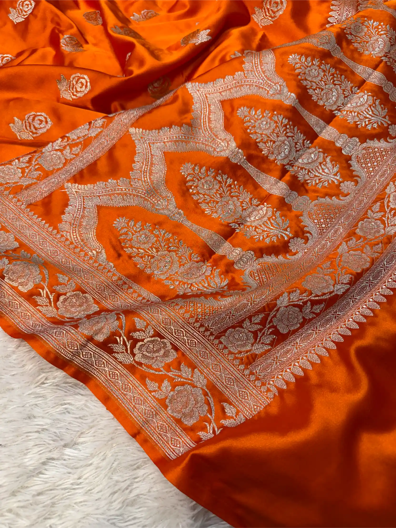 Bright Orange Mashru Katan Silk Golden Zari Floral Buta Banarasi Saree