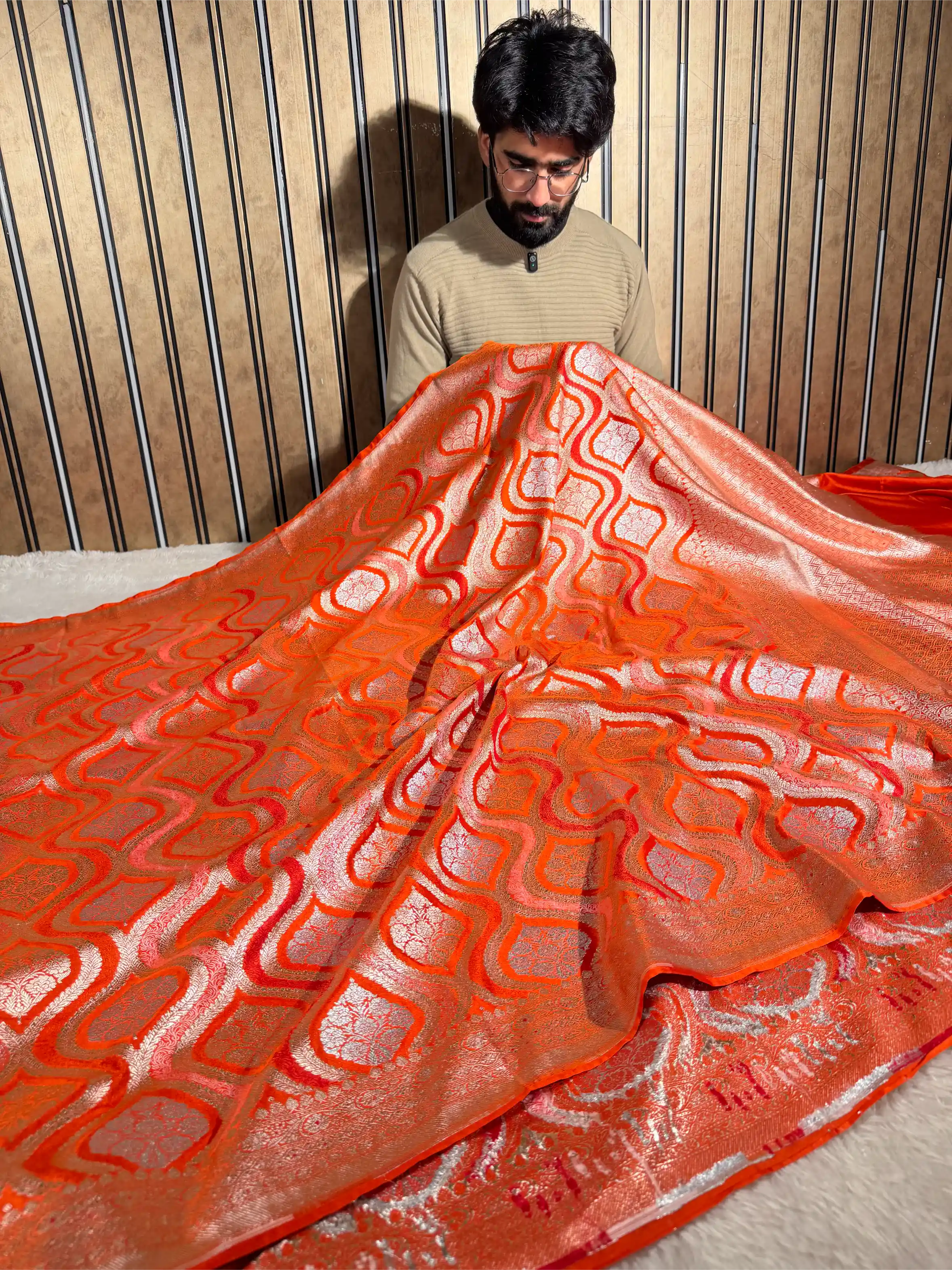 Bright Orange Mashru Katan Silk Heritage Grand Banarasi Saree
