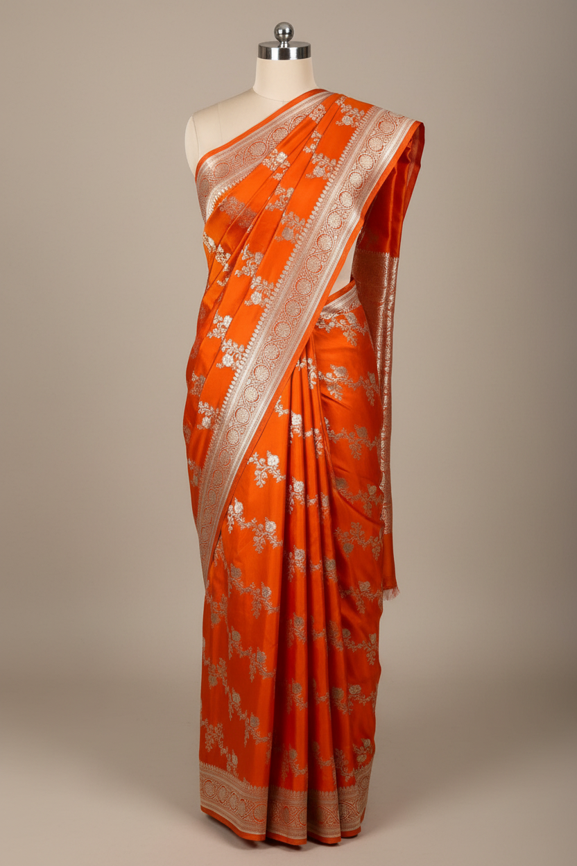 Bright Orange Mashru Katan Silk Leheriya Weave Banarasi Saree