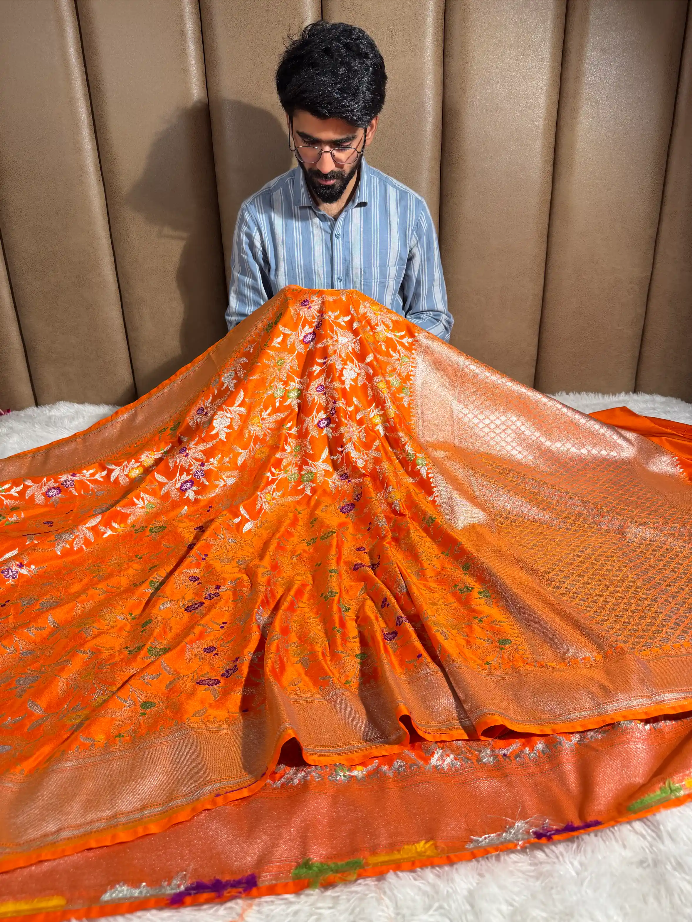 Bright Orange Mashru Katan Silk Meenakari Intricate Weave Banarasi Saree