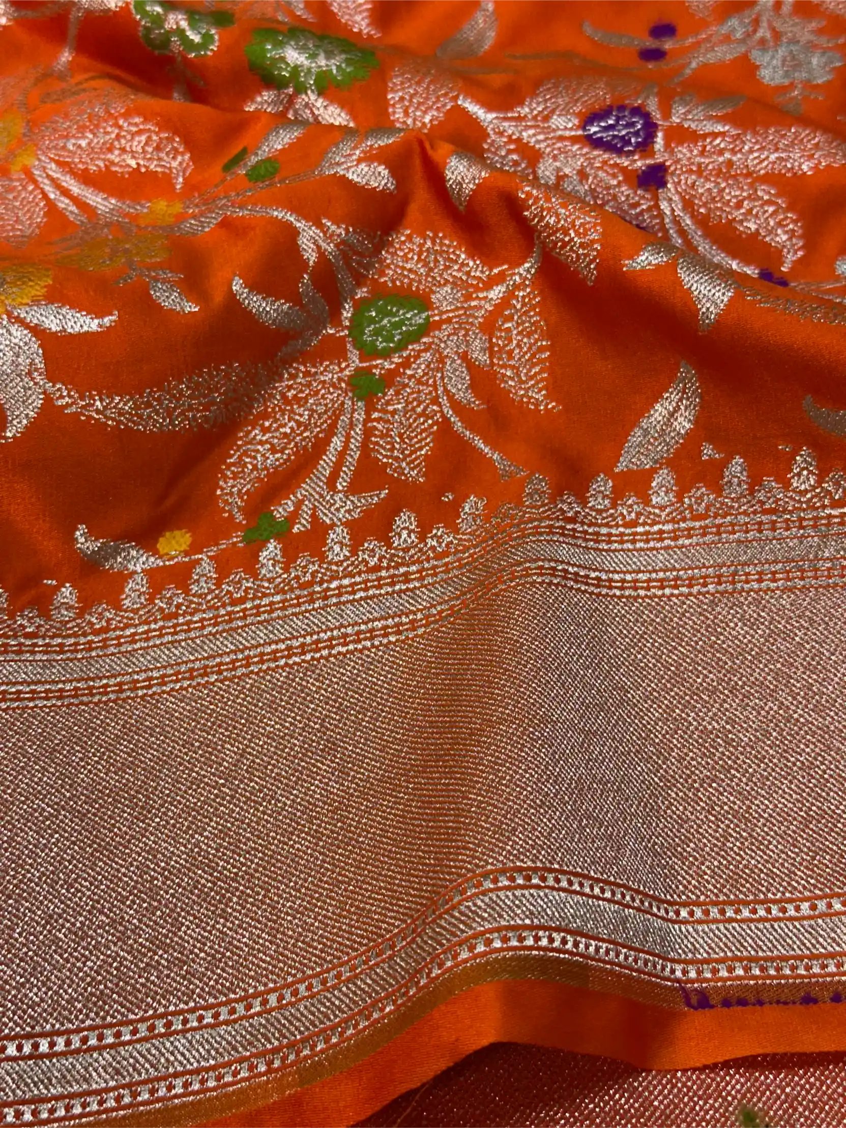 Bright Orange Mashru Katan Silk Meenakari Intricate Weave Banarasi Saree