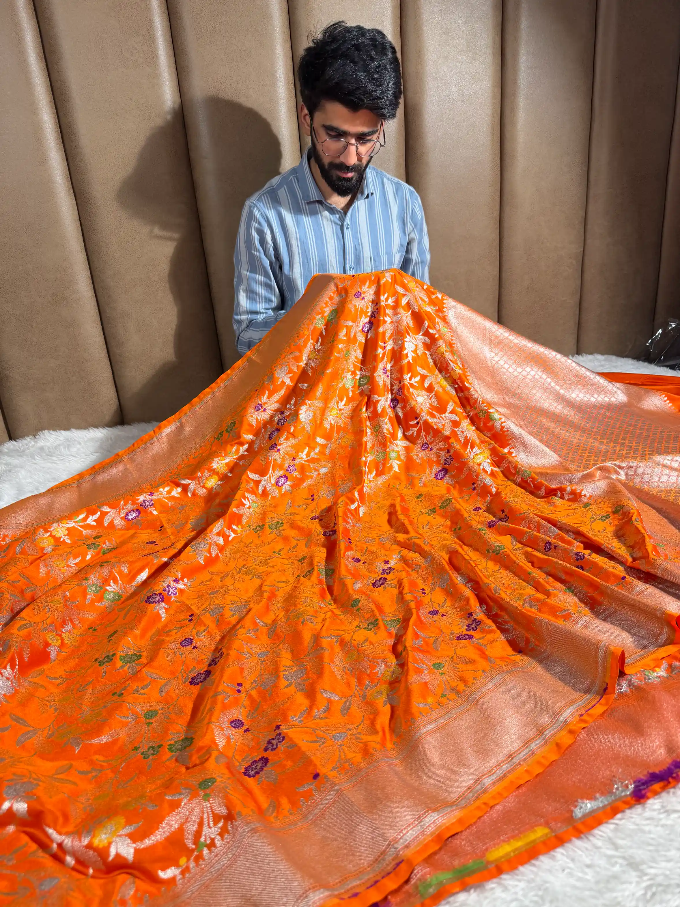 Bright Orange Mashru Katan Silk Meenakari Intricate Weave Banarasi Saree