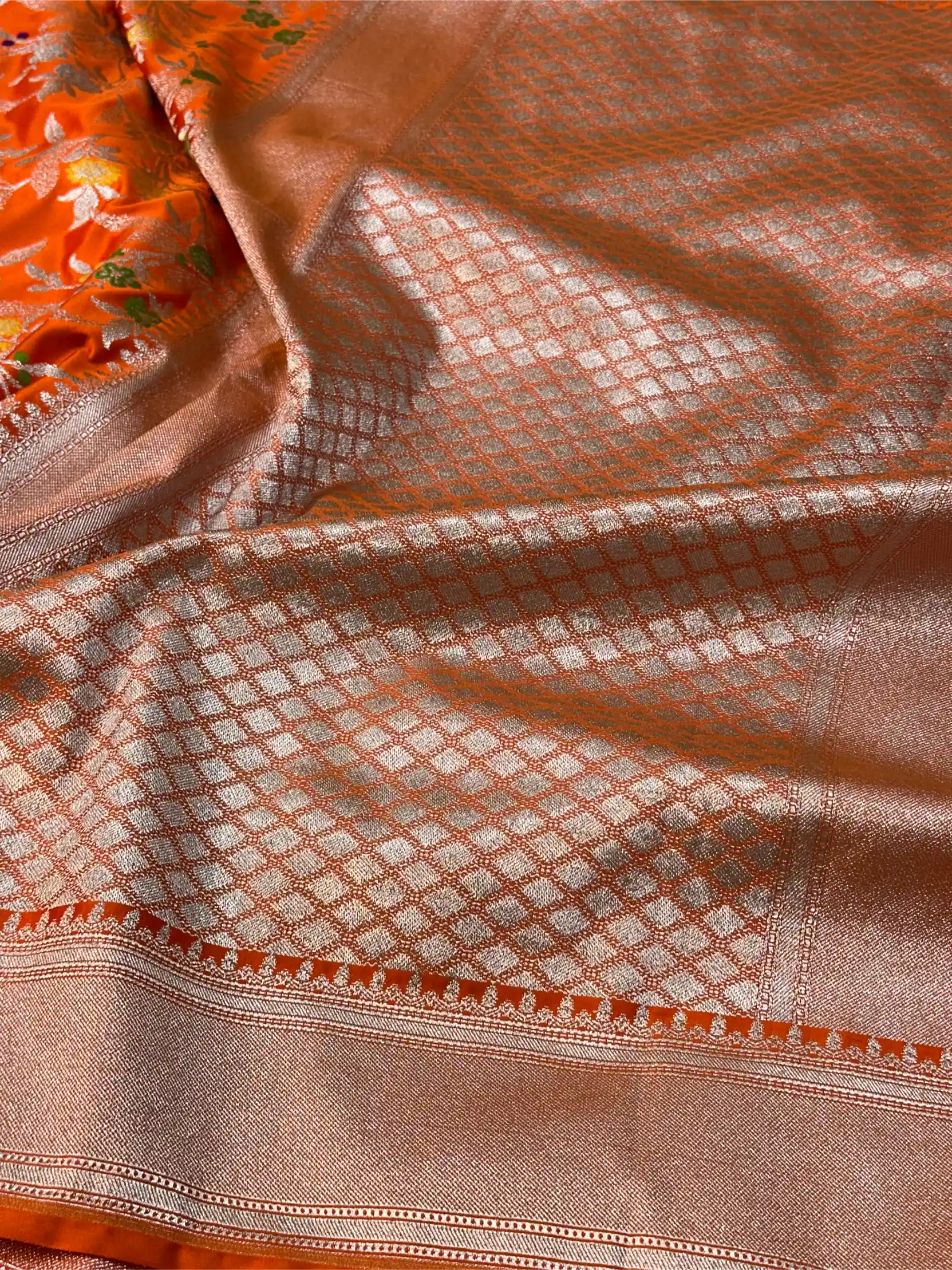 Bright Orange Mashru Katan Silk Meenakari Intricate Weave Banarasi Saree