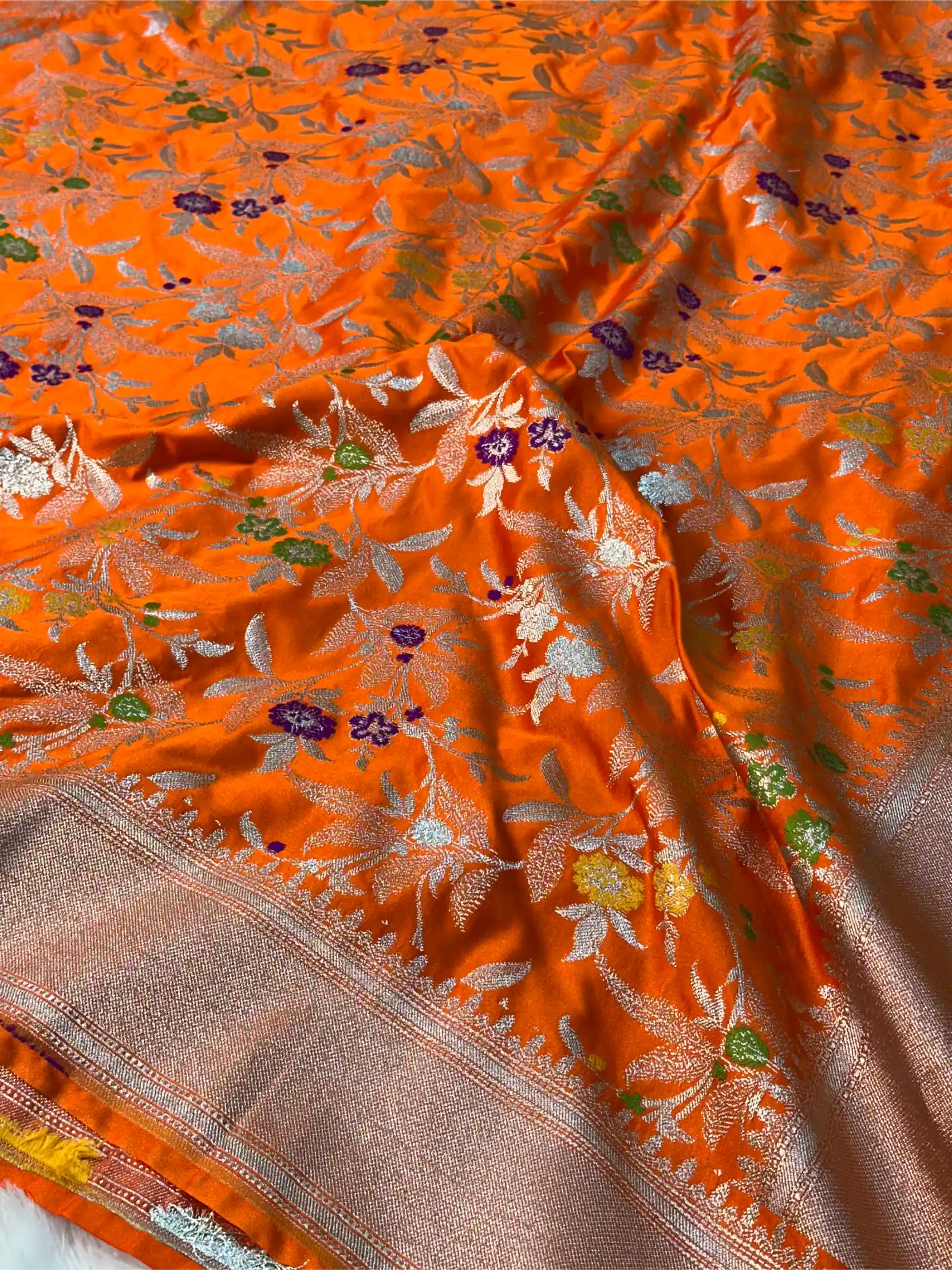 Bright Orange Mashru Katan Silk Meenakari Intricate Weave Banarasi Saree