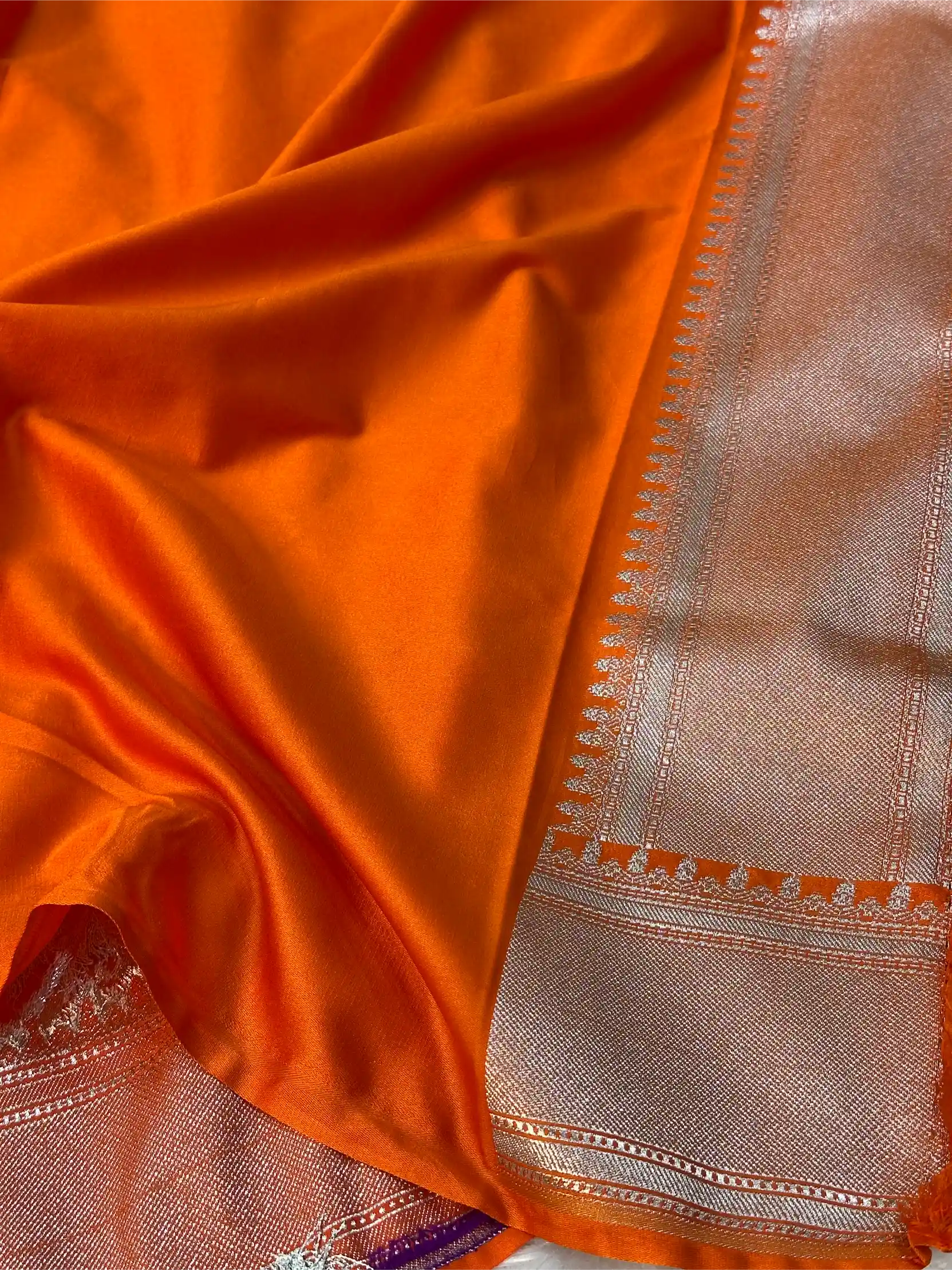 Bright Orange Mashru Katan Silk Meenakari Intricate Weave Banarasi Saree