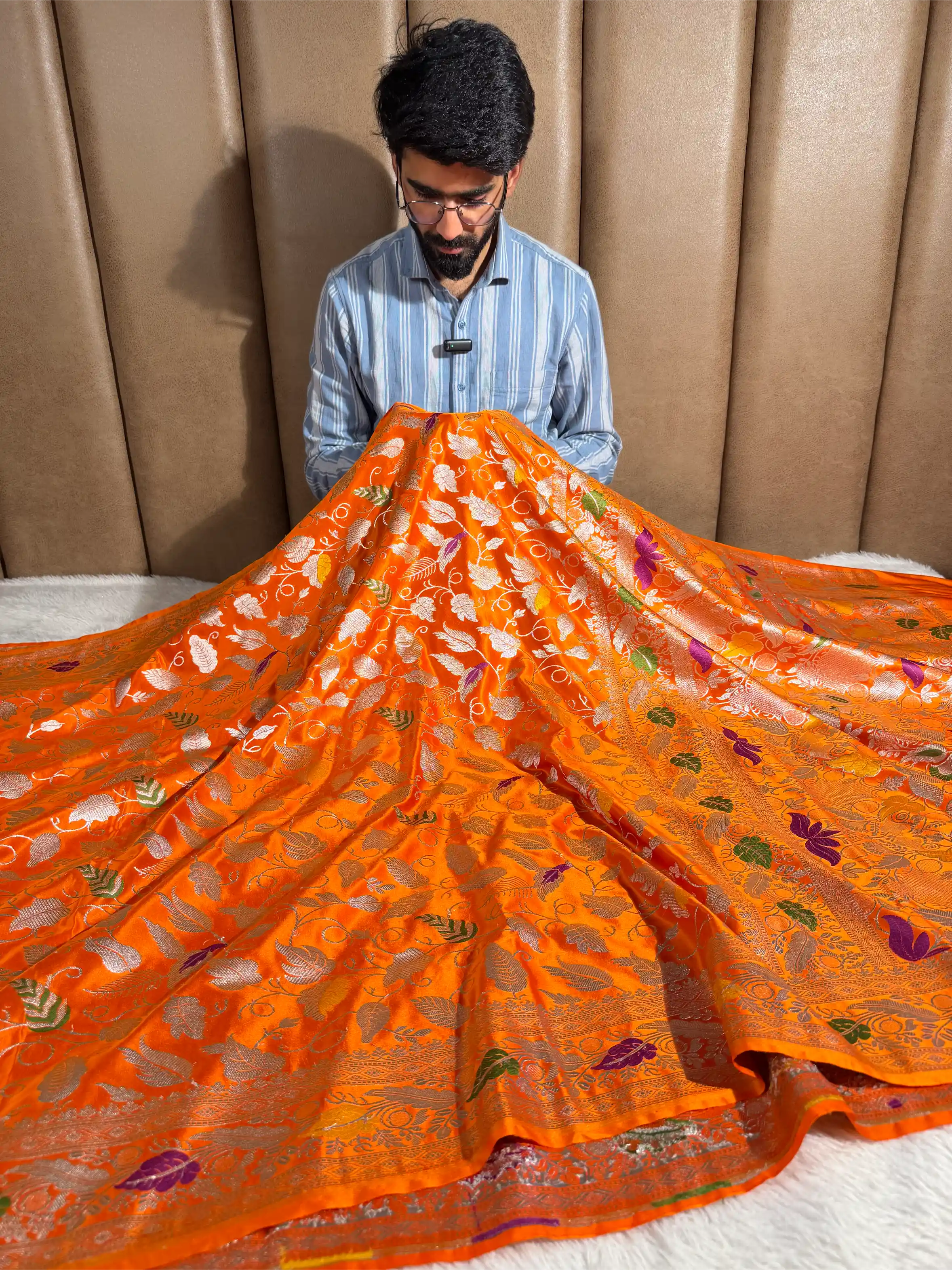 Bright Orange Mashru Katan Silk Tilfi Meena Banarasi Saree