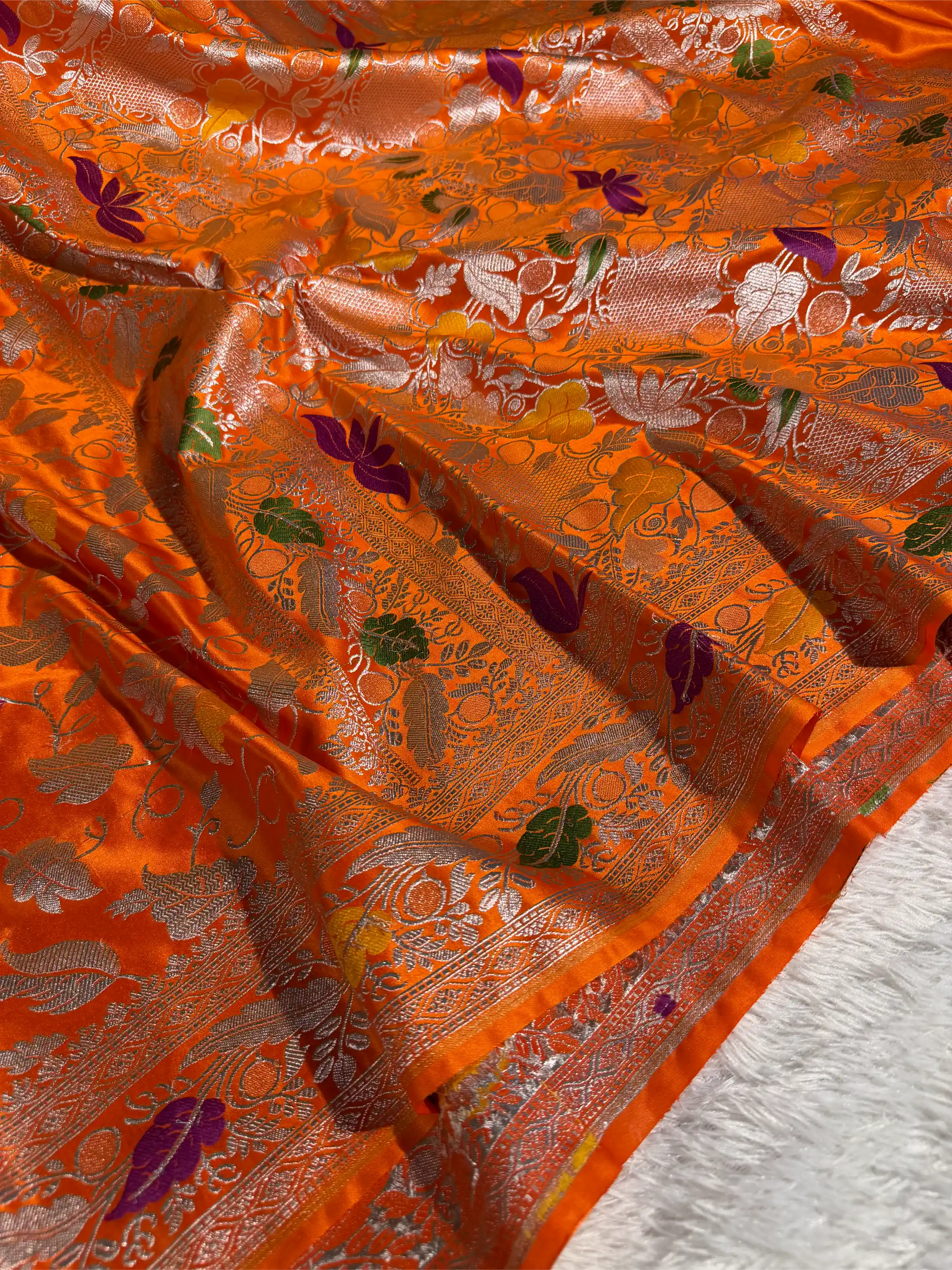 Bright Orange Mashru Katan Silk Tilfi Meena Banarasi Saree
