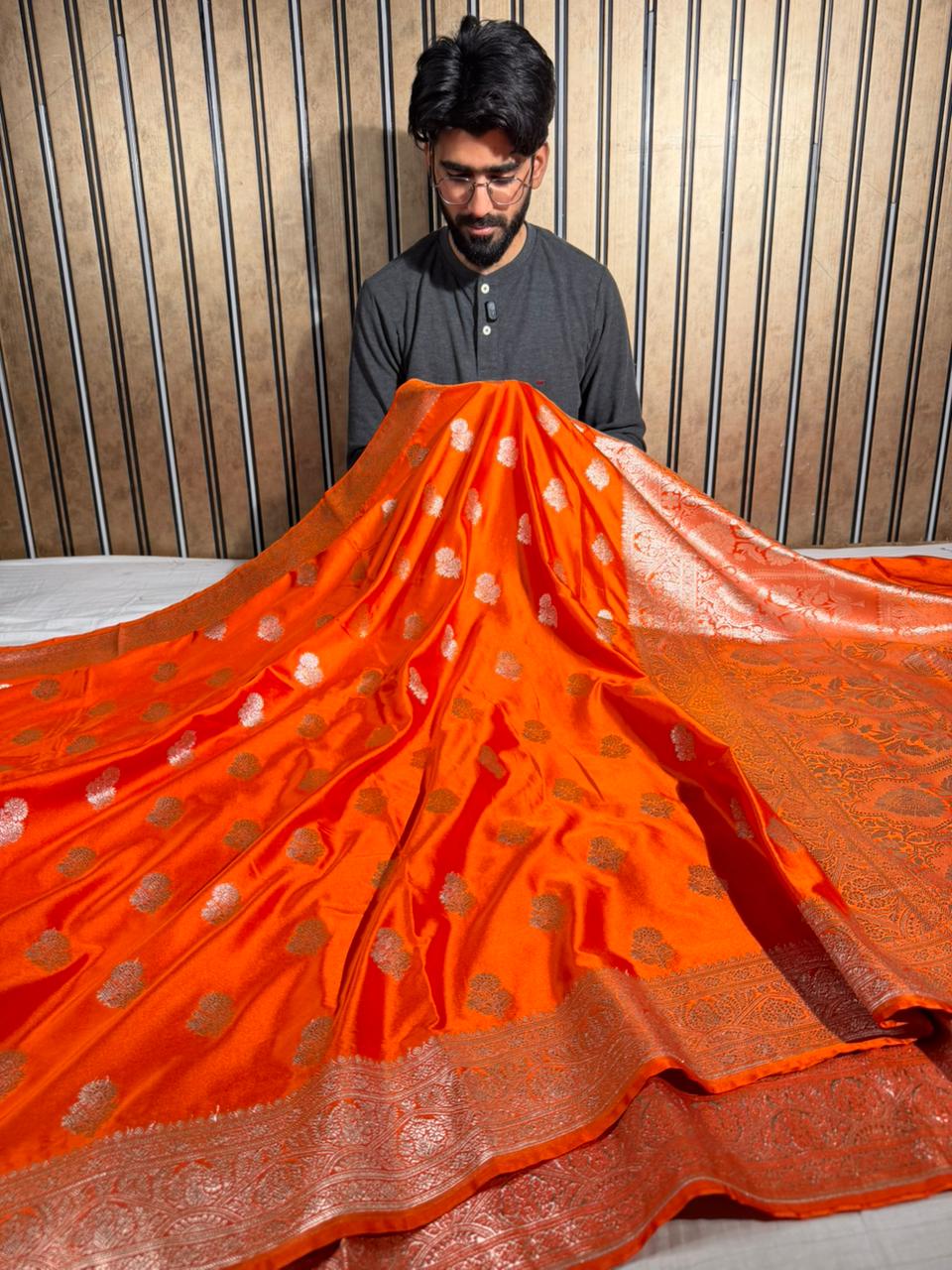 Bright Orange Mashru Katan Silk Traditional Buta Weave Banarasi Saree