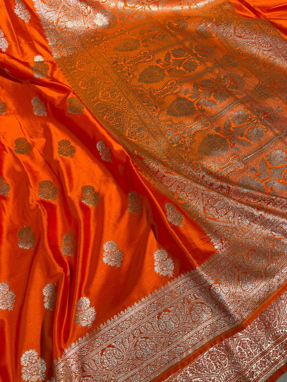Bright Orange Mashru Katan Silk Traditional Buta Weave Banarasi Saree