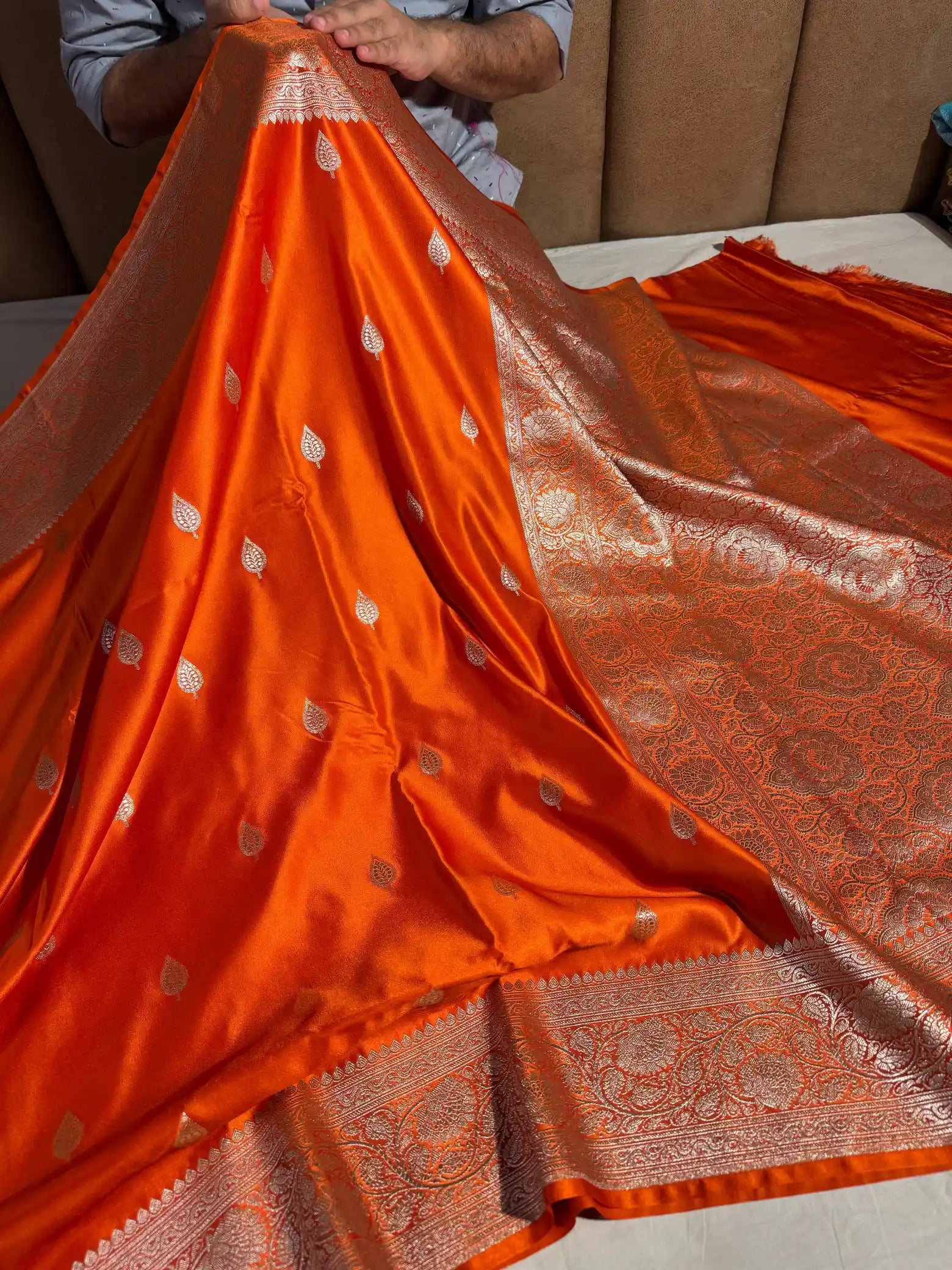 Bright Orange Motifs Weave Mashru Katan Saree