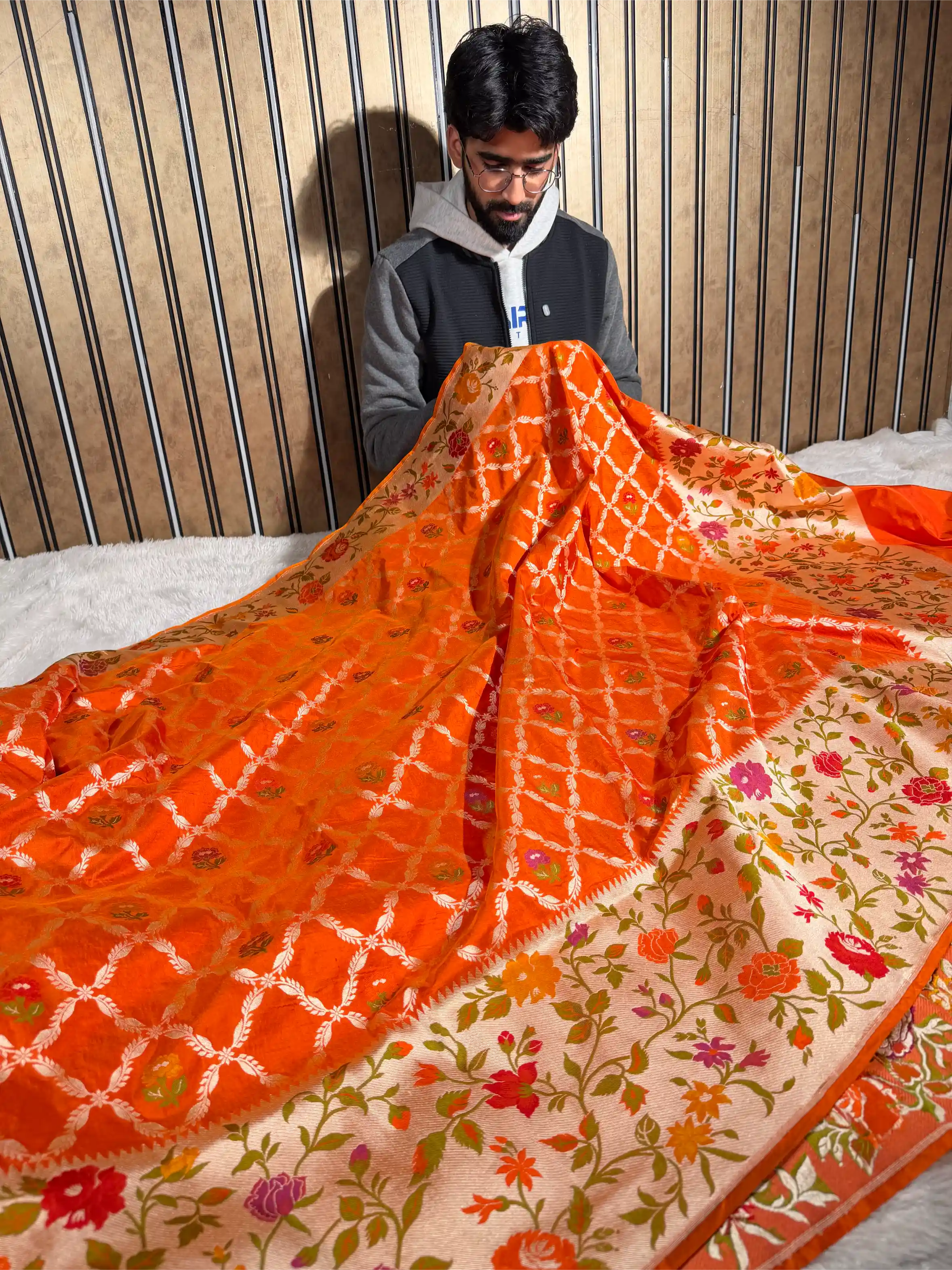 Bright Orange Pure Katan Silk Tilfi Meenakari Banarasi Saree