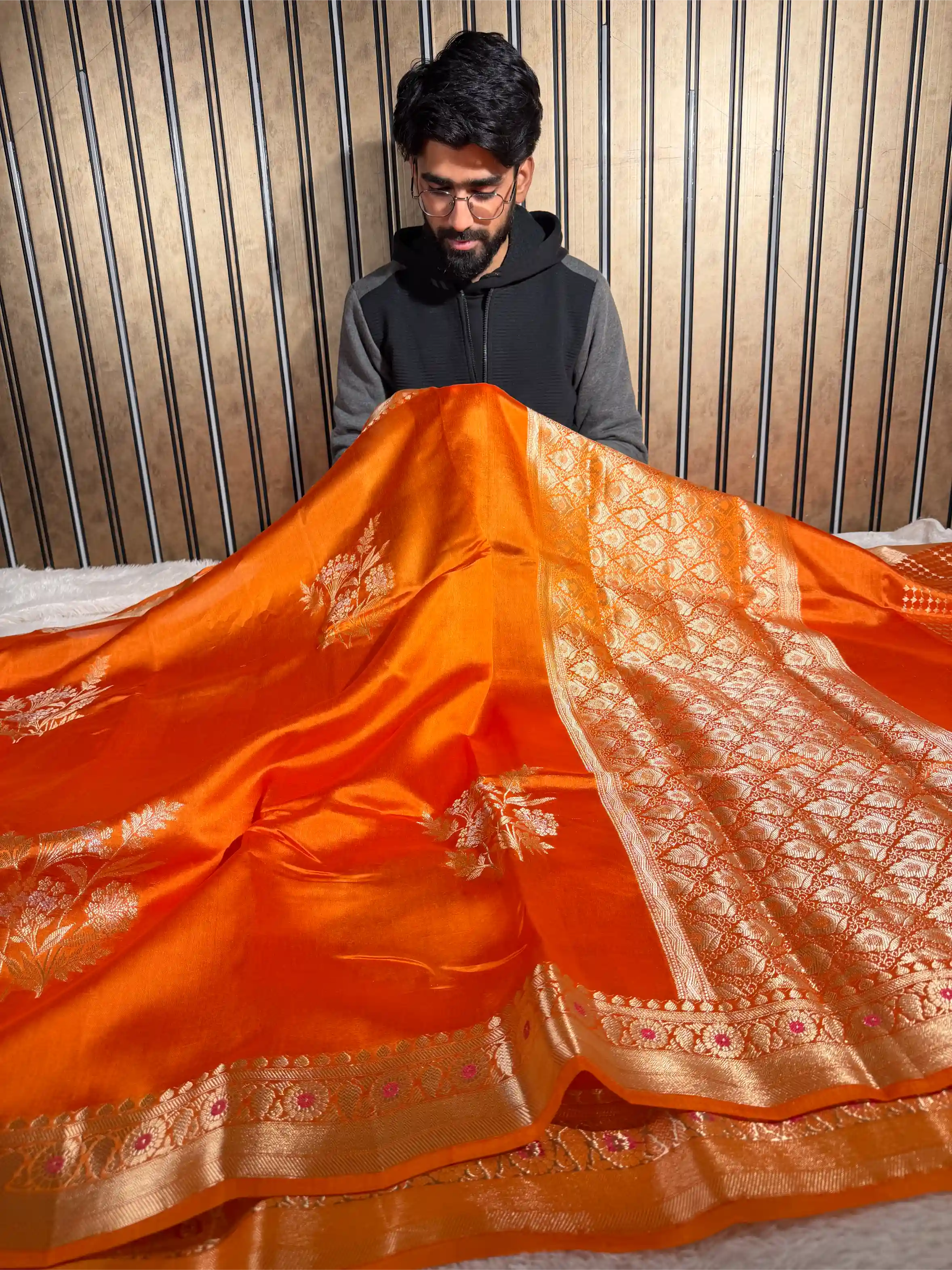 Bright Orange Pure Mango Silk Banarasi Saree