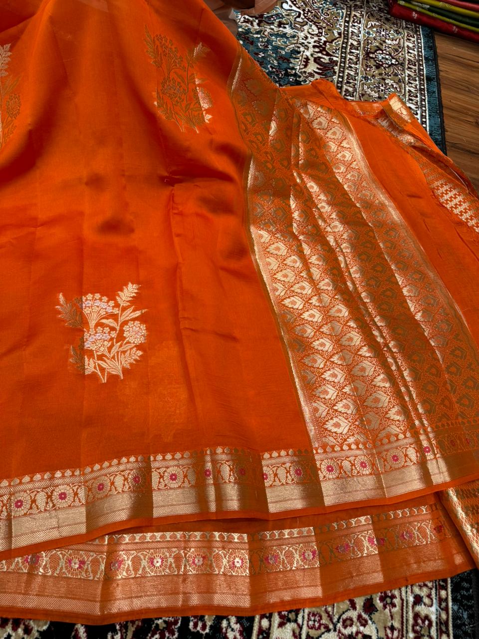 Bright Orange Pure Raw Mango Silk Banarasi Saree
