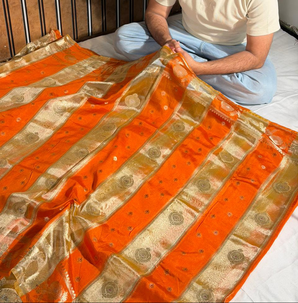 Bright Orange Rangkat Chinia Tissue Silk Heritage Weave Banarasi Saree