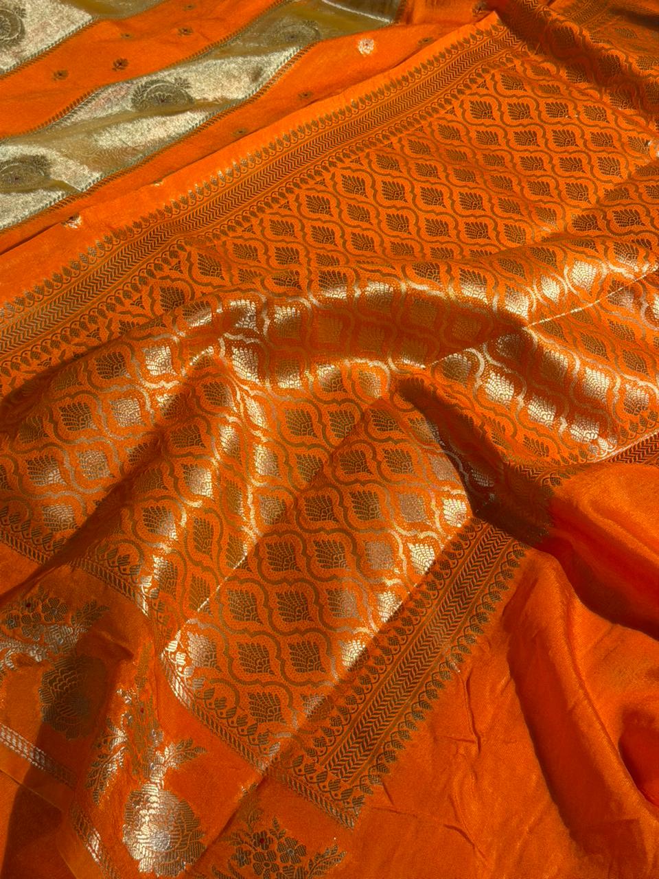 Bright Orange Rangkat Chinia Tissue Silk Heritage Weave Banarasi Saree
