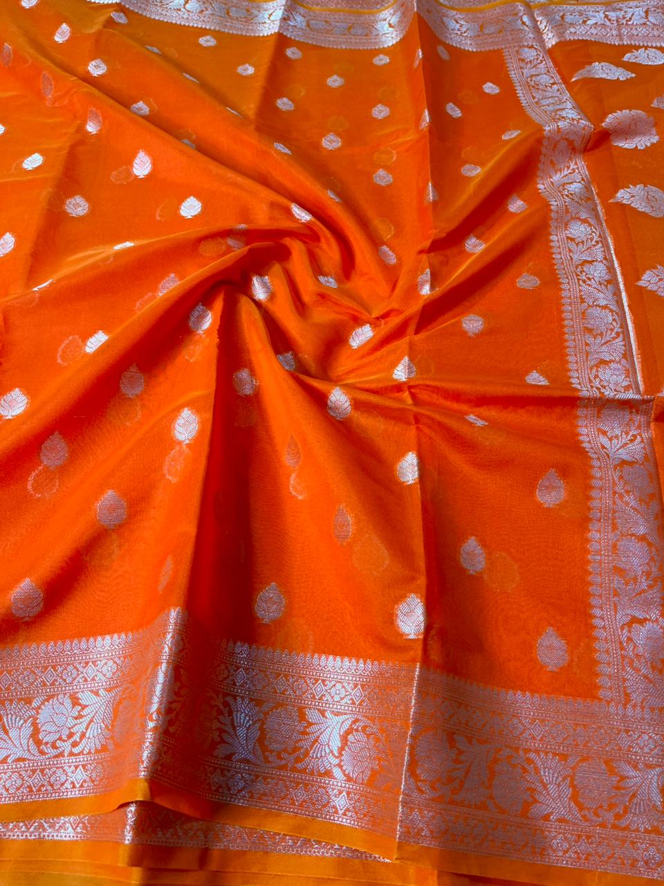 Bright Orange Soft Silk Buta Weave Banarasi Saree