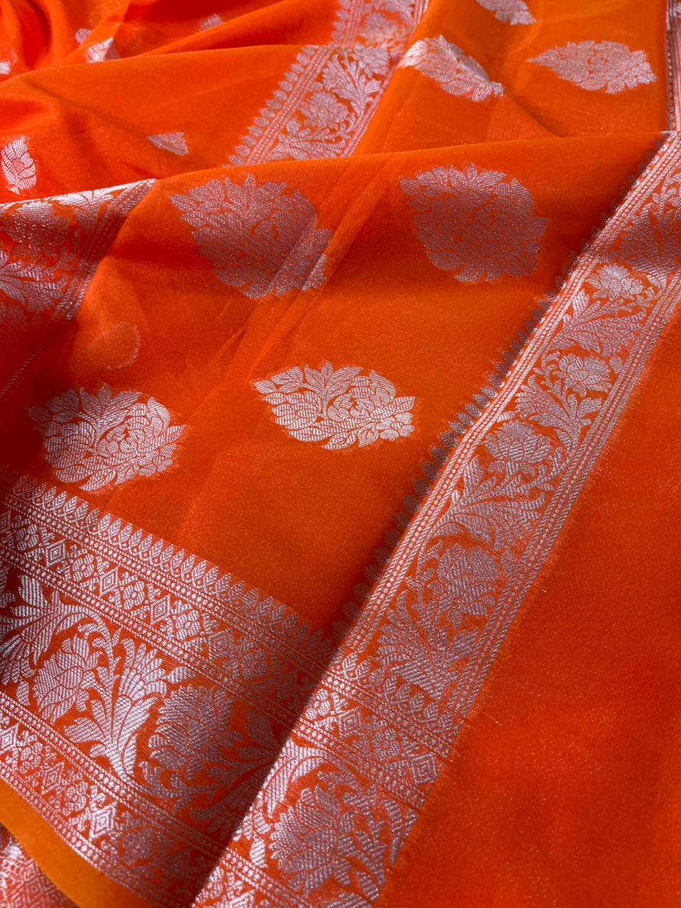 Bright Orange Soft Silk Buta Weave Banarasi Saree