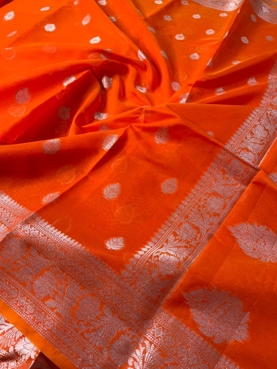 Bright Orange Soft Silk Buta Weave Banarasi Saree