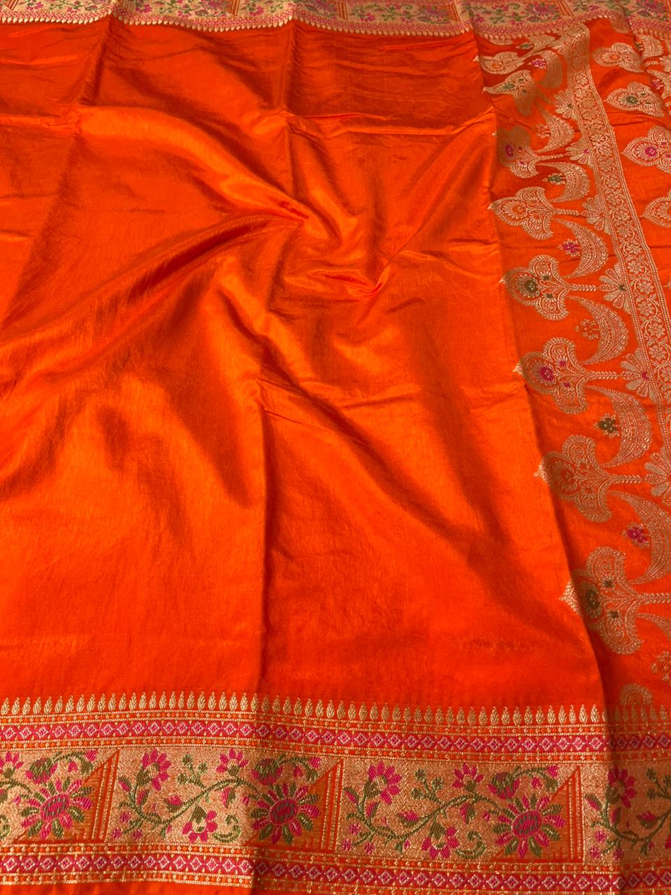 Bright Orange Warm Silk Golden Zari Border & Floral Motifs Banarasi Saree
