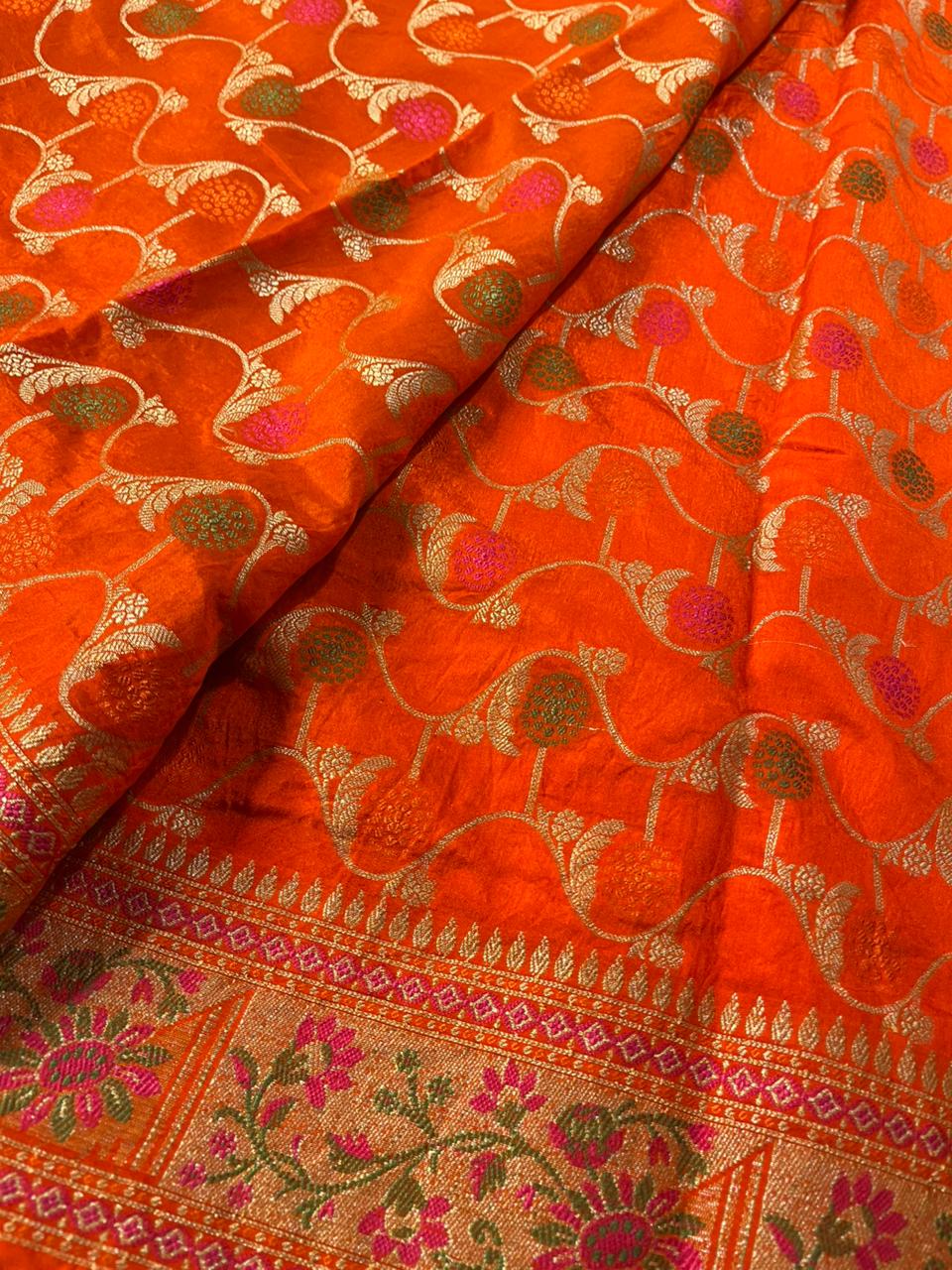 Bright Orange Warm Silk Golden Zari Border & Floral Motifs Banarasi Saree