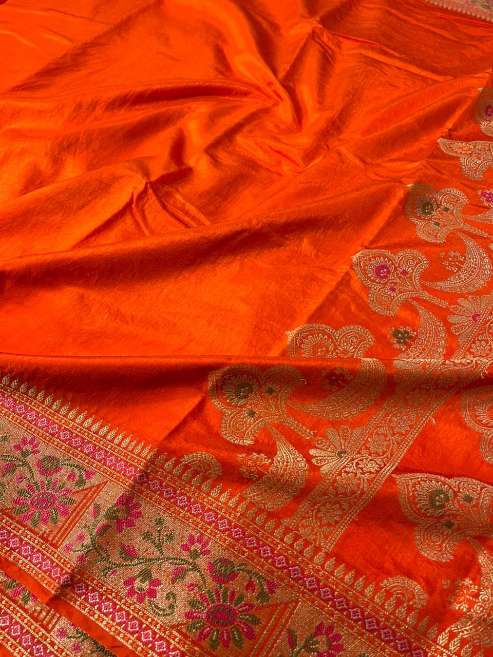 Bright Orange Warm Silk Golden Zari Border & Floral Motifs Banarasi Saree