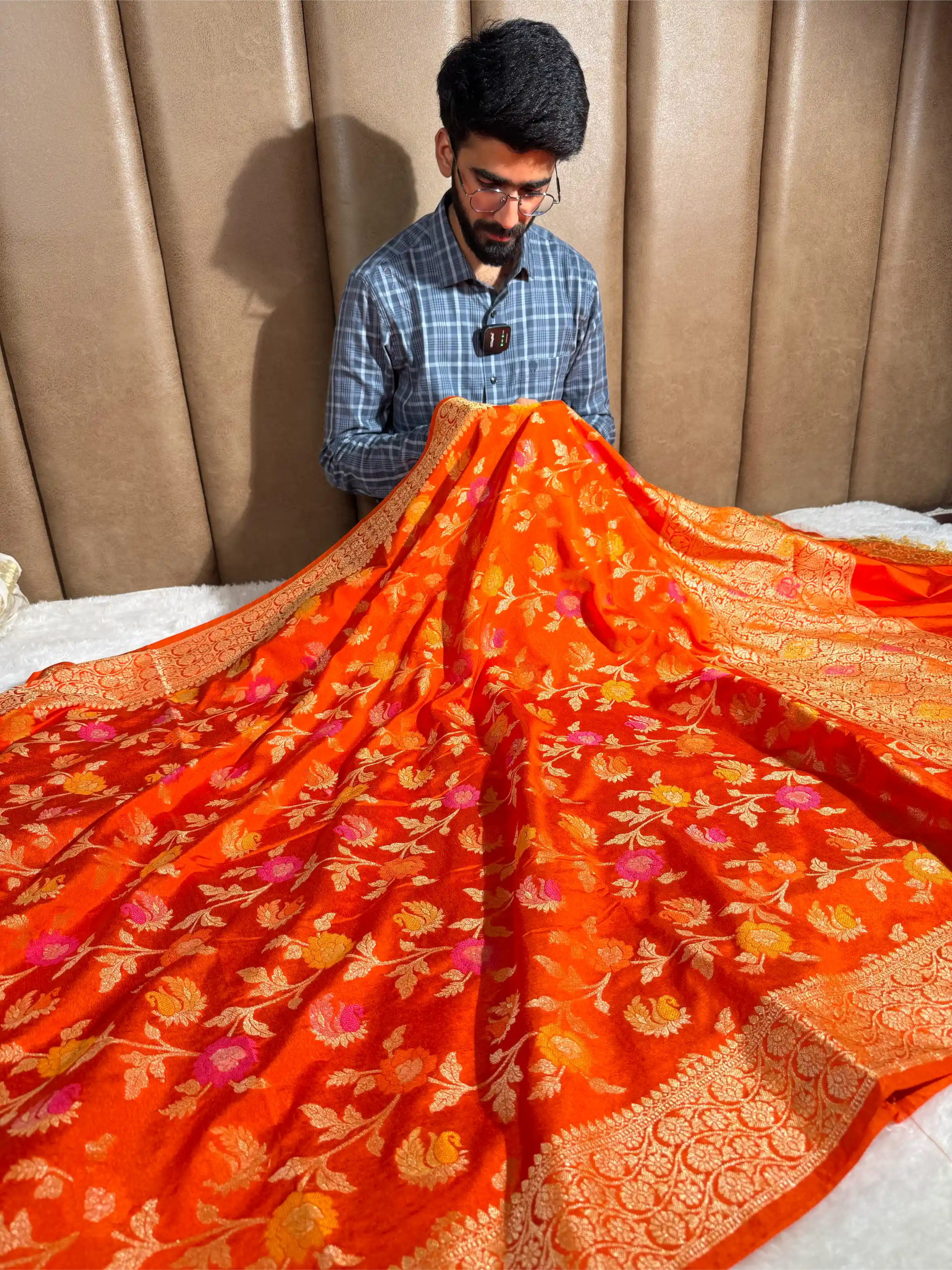 Bright Orange Warm Silk Tilfi Meenakari Banarasi Saree
