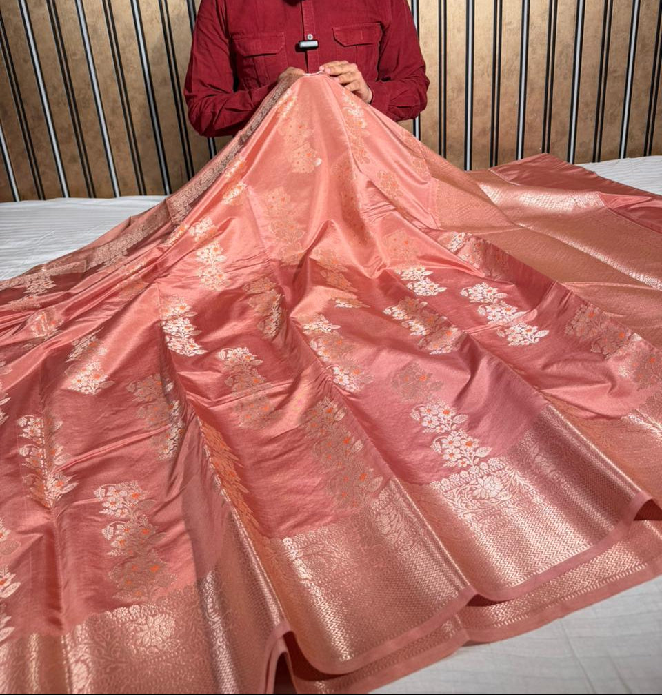 Bright Peach Banana Silk Meenakari Weave Banarasi Saree