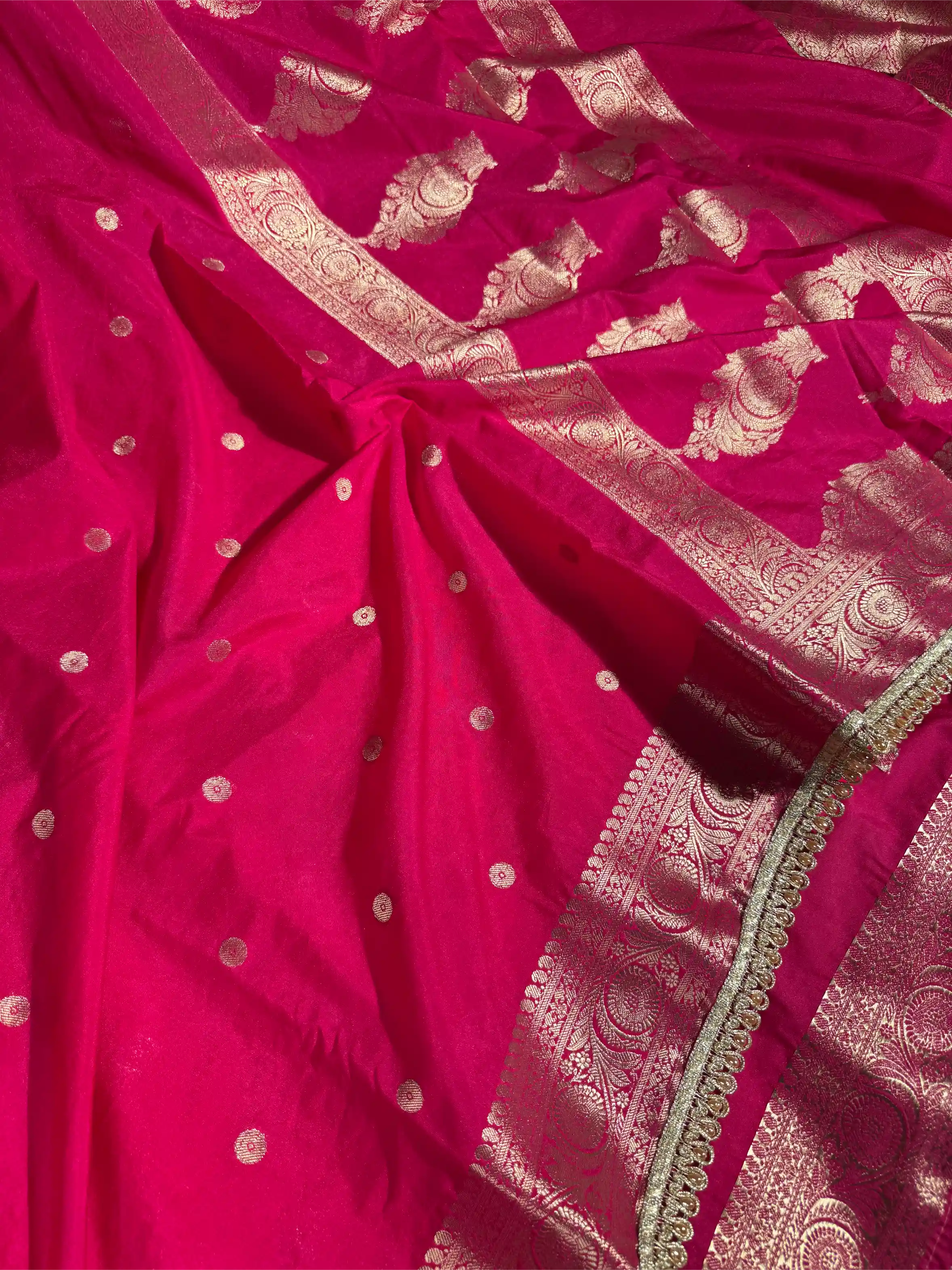 Bright Pink Chinia Silk Designer Moti Lace Attached Banarasi Saree