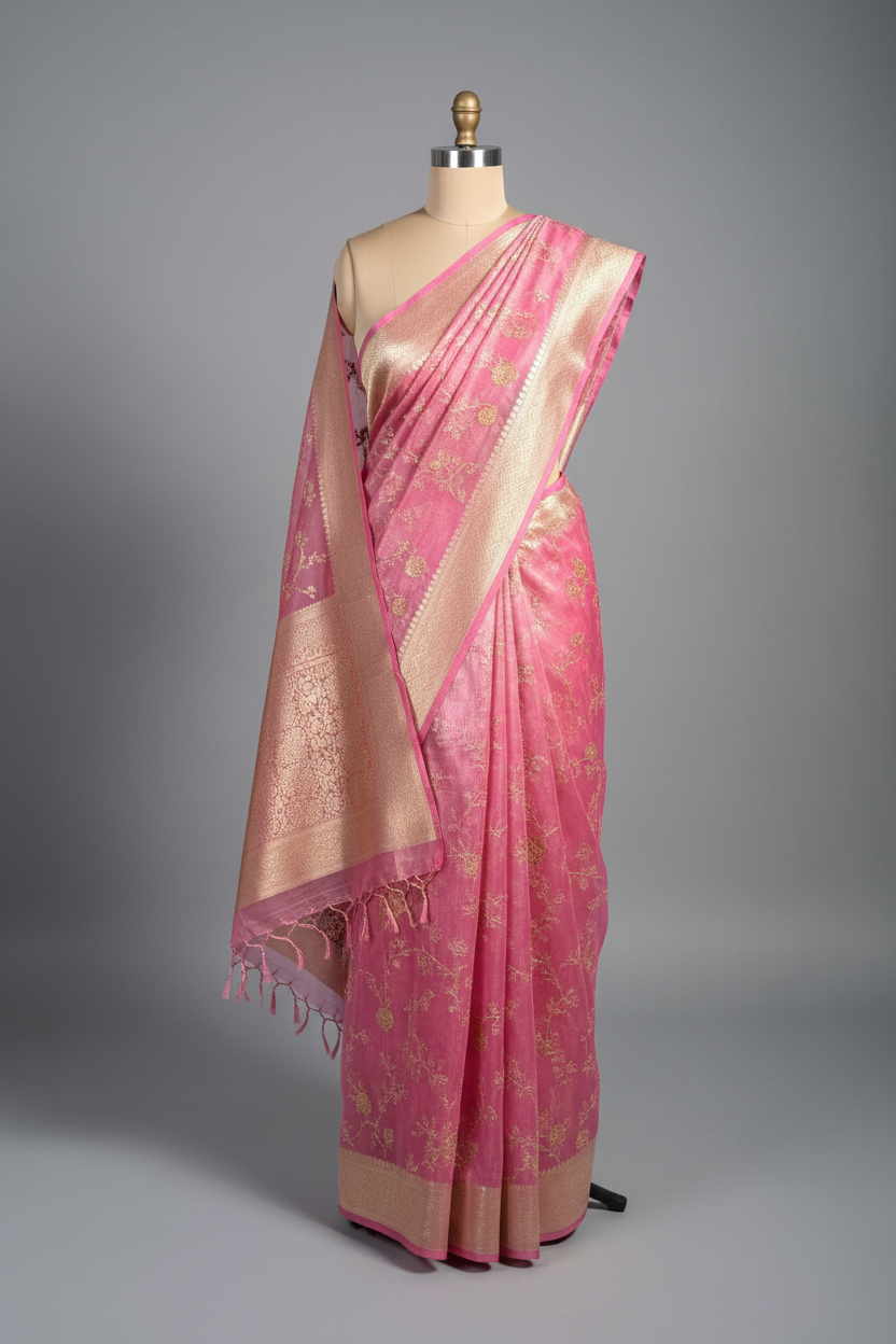 Bright Pink Tissue Silk Chikankari Embroidered Banarasi Saree