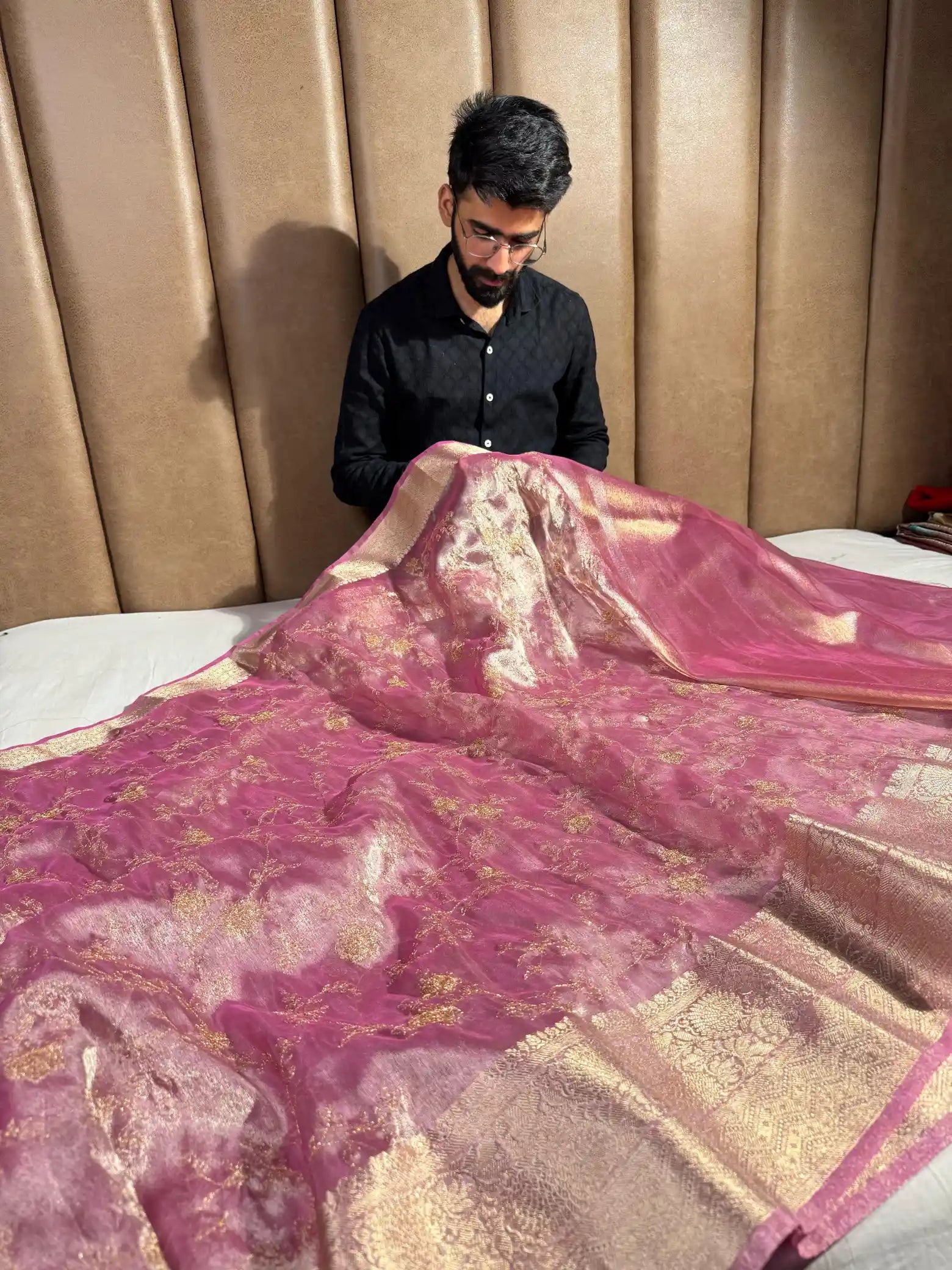 Bright Pink Tissue Silk Chikankari Embroidered Banarasi Saree