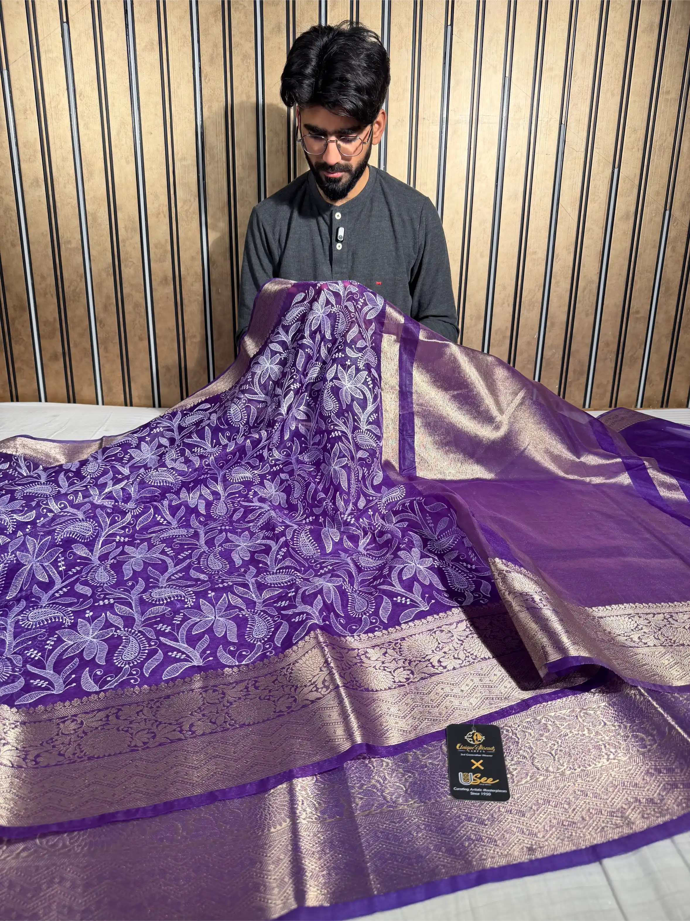 Bright Purple Kora Organza Chikankari Embroidered Banarasi Saree