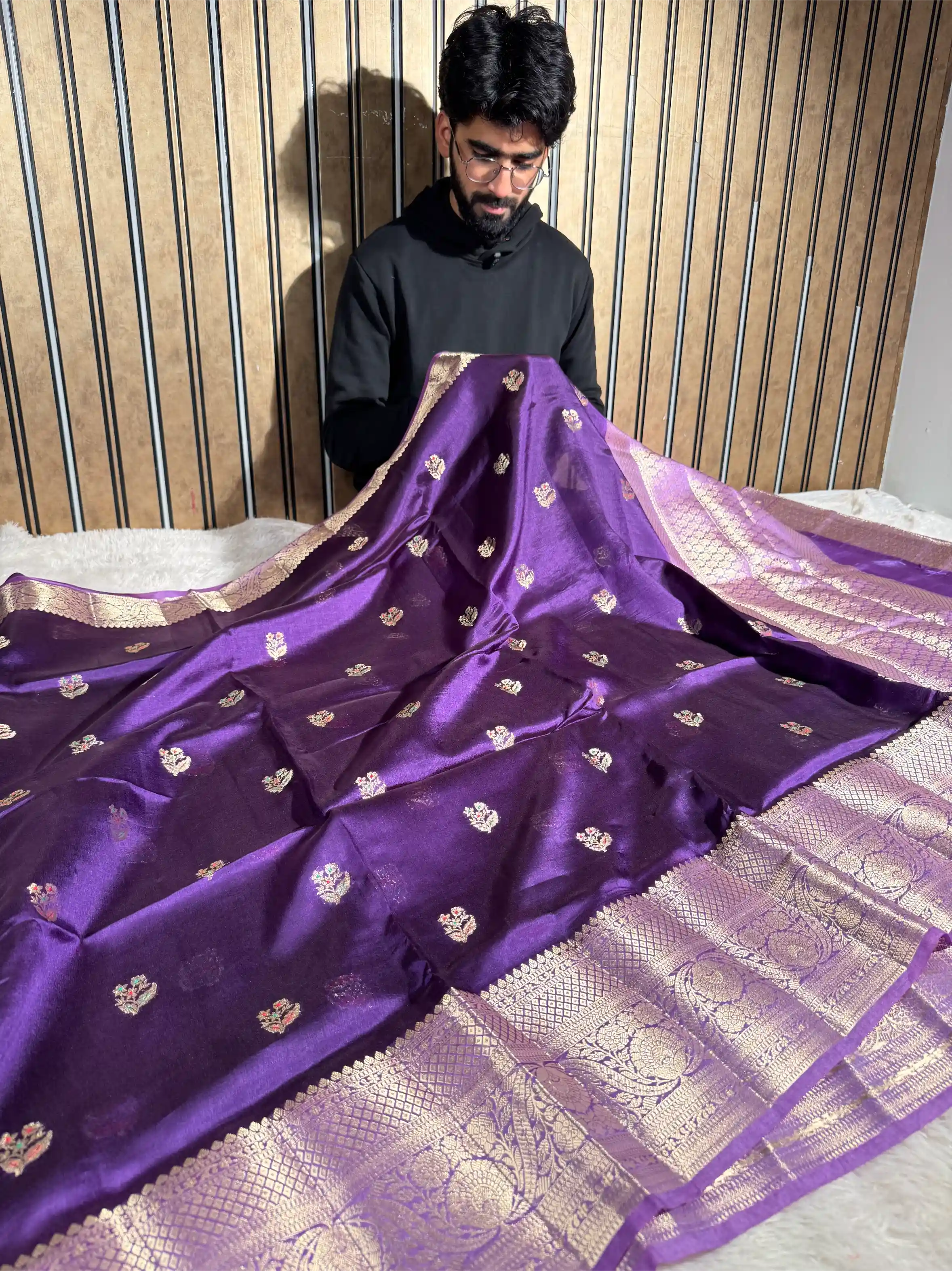 Bright Purple Mango Katan Silk Meenakari Buta Banarasi Saree