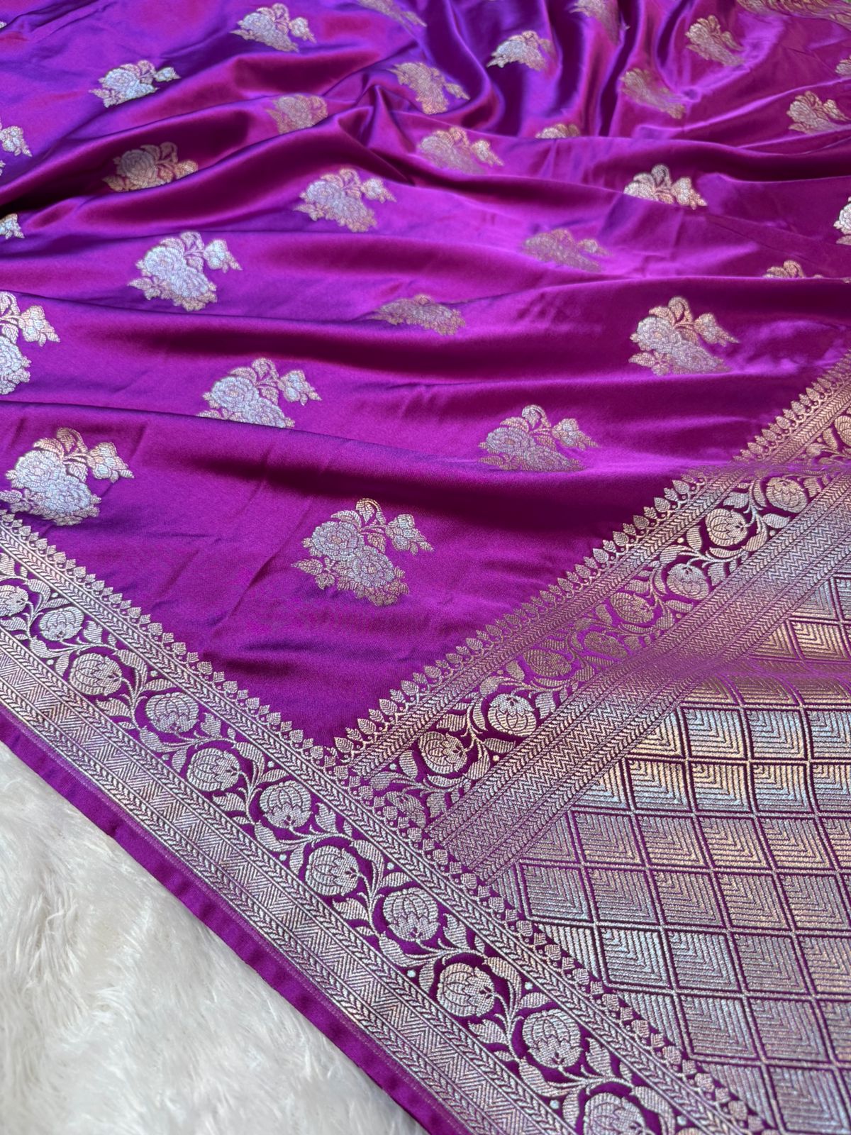 Bright Purple Mashru Katan Silk Intricate Meenakari Buta Weave Banarasi Saree