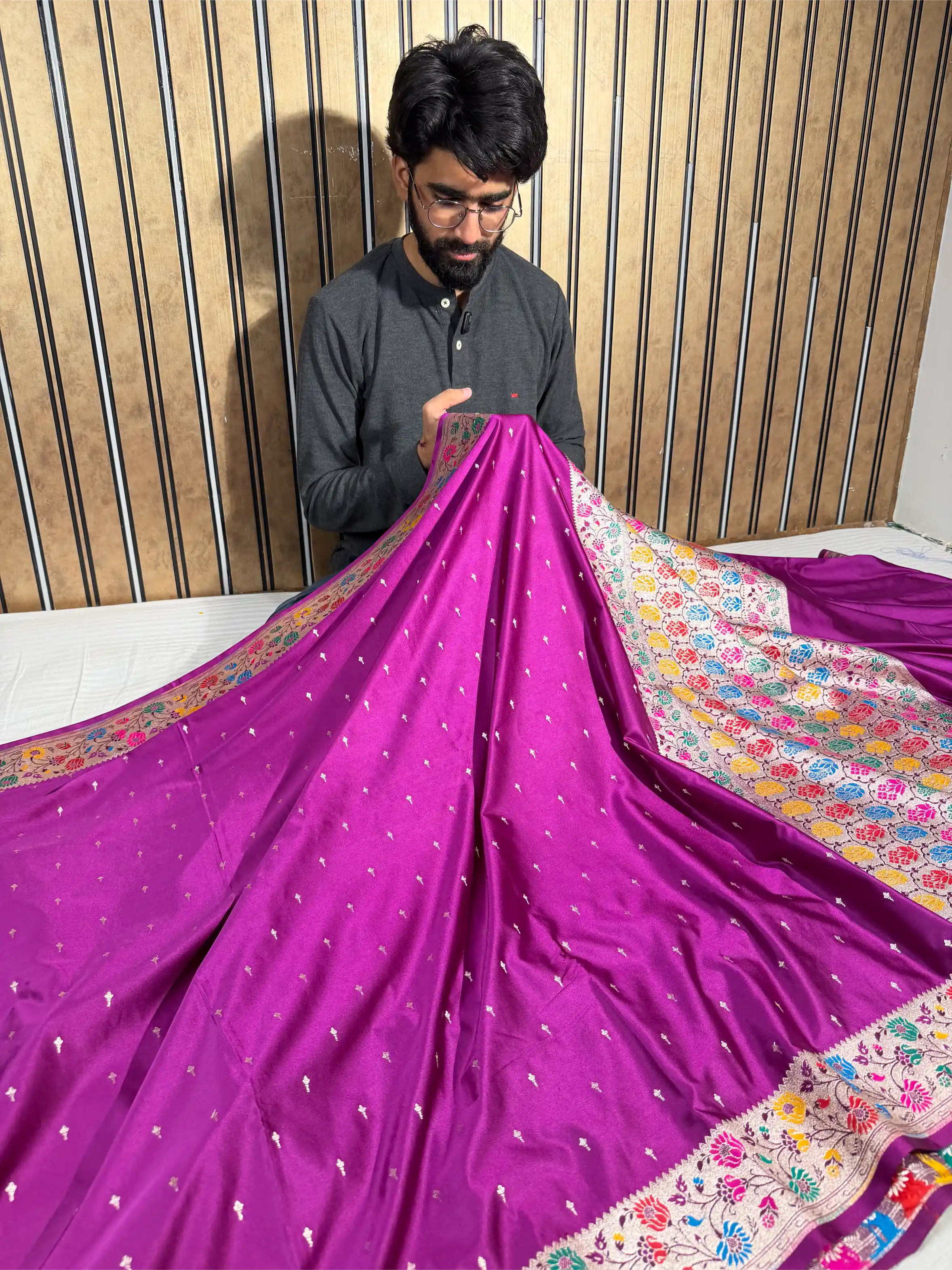 Bright Purple Mashru Katan Silk Meenakshi Banarasi Saree