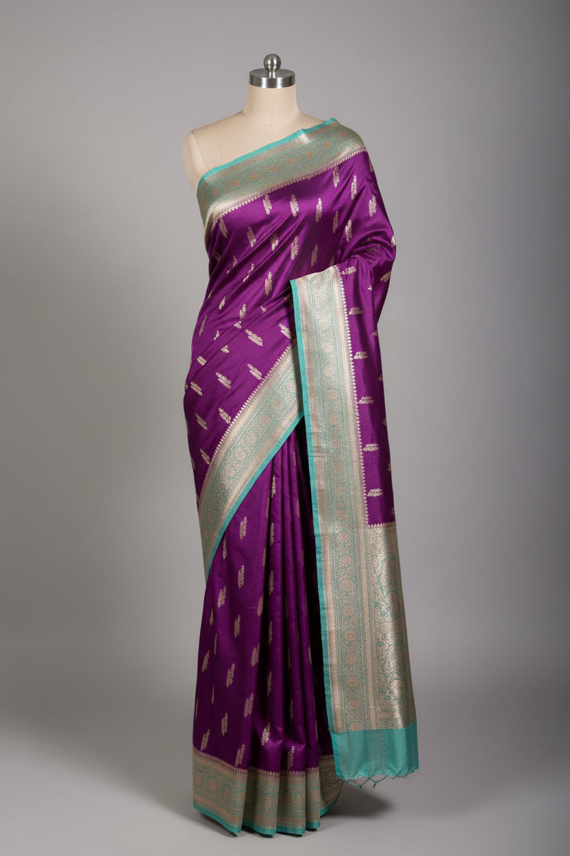 Bright Purple Mashru Katan Silk Traditional Weave Banarasi Saree