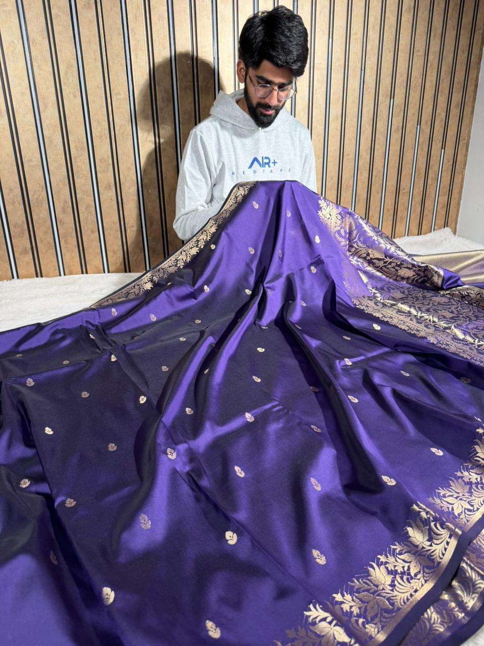 Bright Purple Semi Katan Silk Contemporary Weave Banarasi Saree