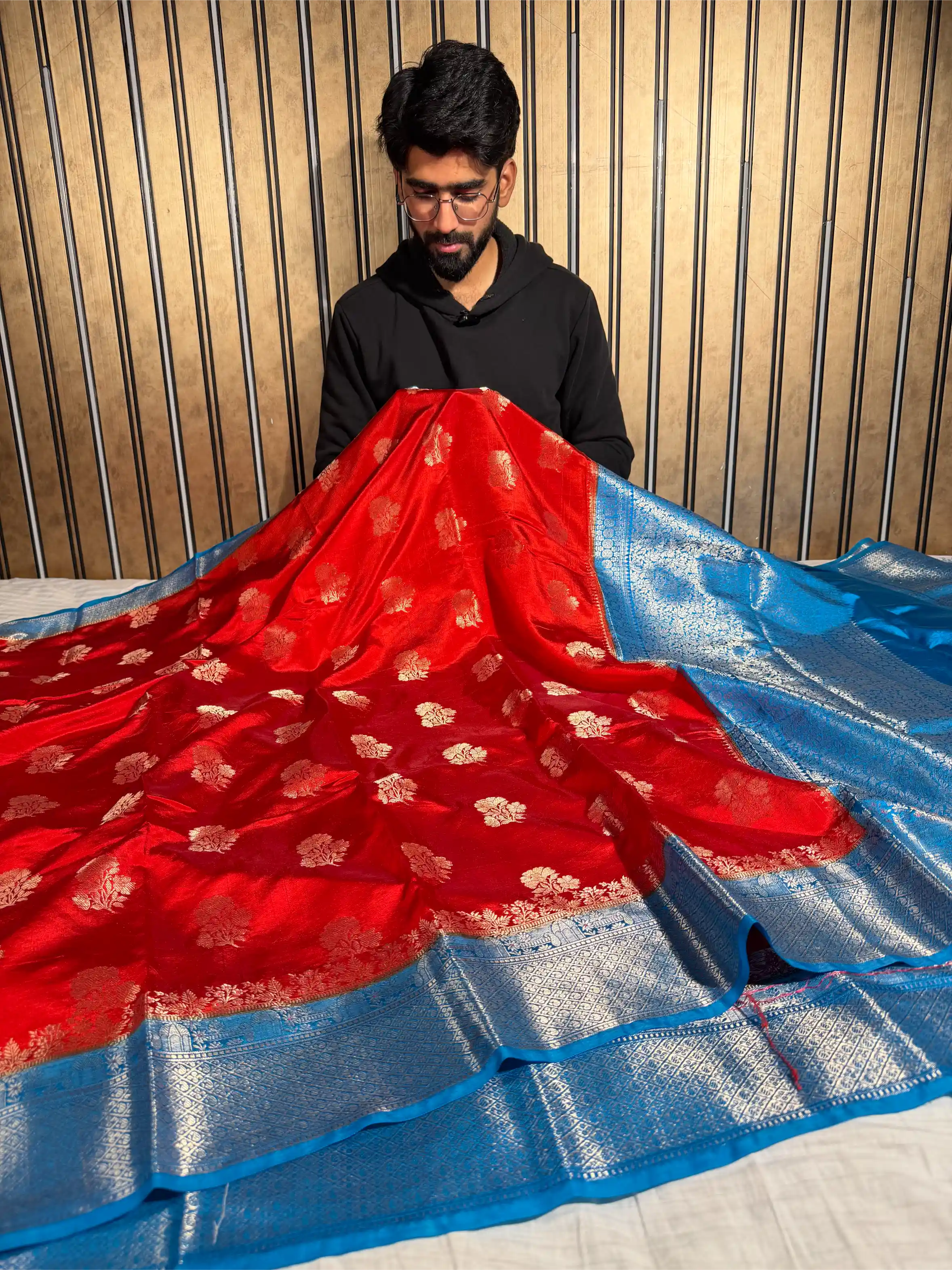 Bright Red Chinia Katan Eccentric Buta Weave Banarasi Saree
