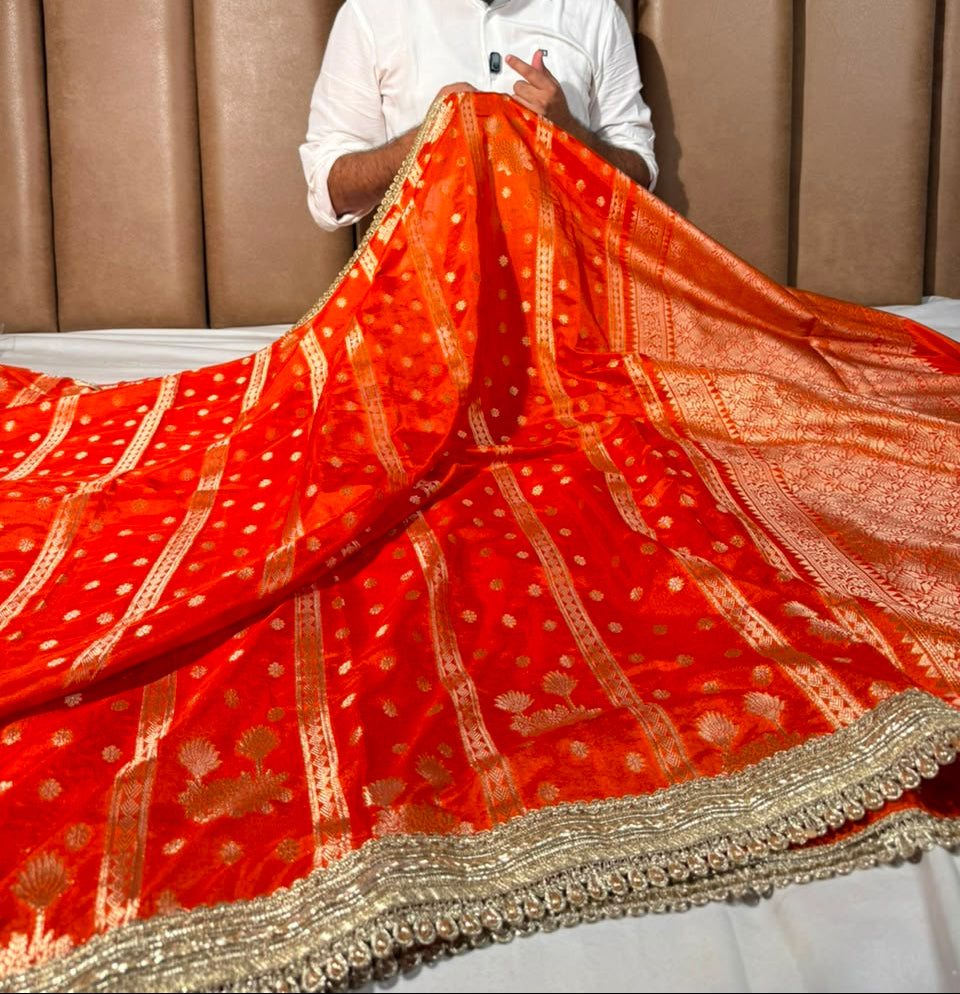 Bright Red Chinia Silk Lace Work Designer Saree