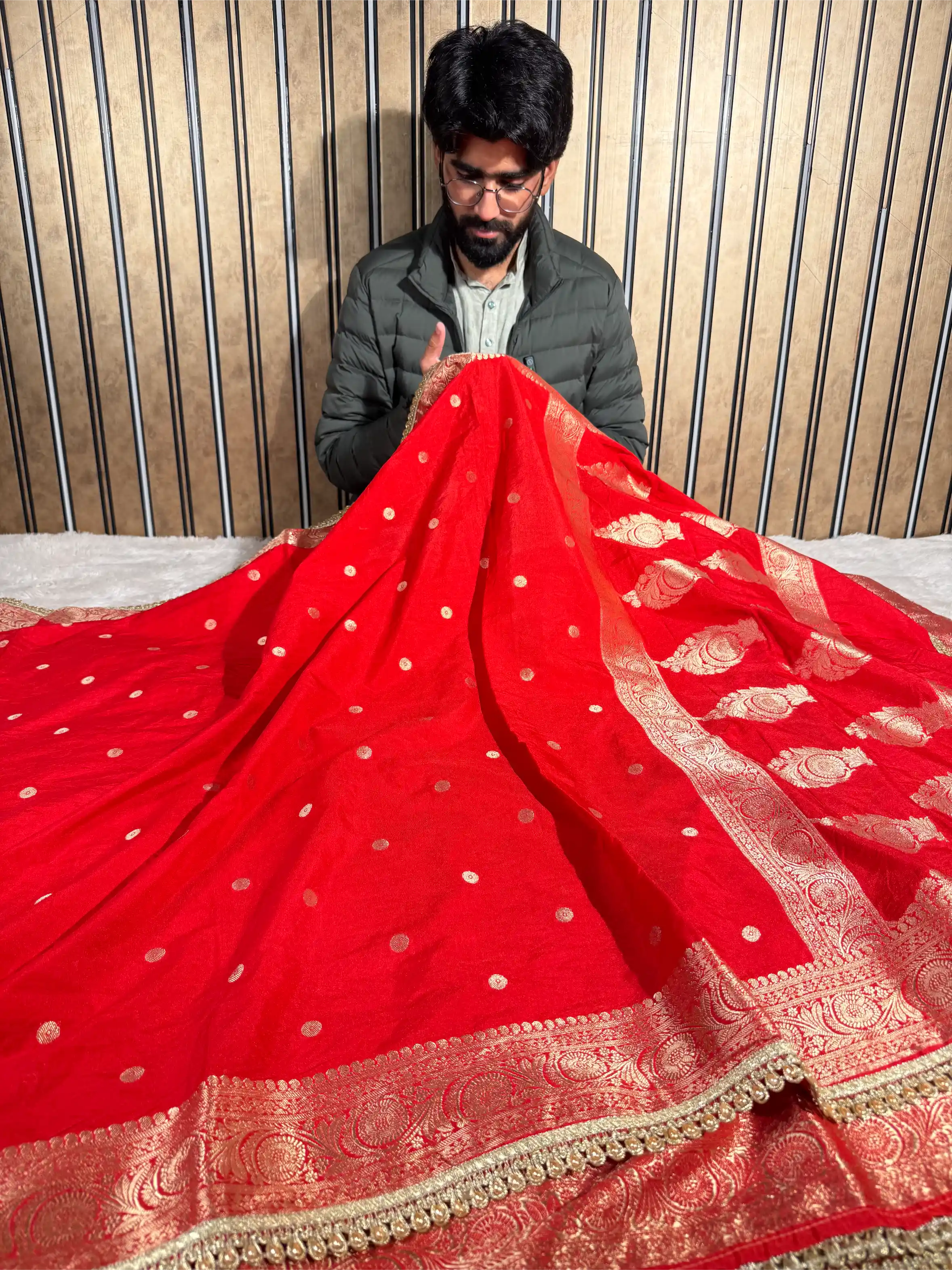 Bright Red Chinia Silk Premium Lace Attached Banarasi Saree