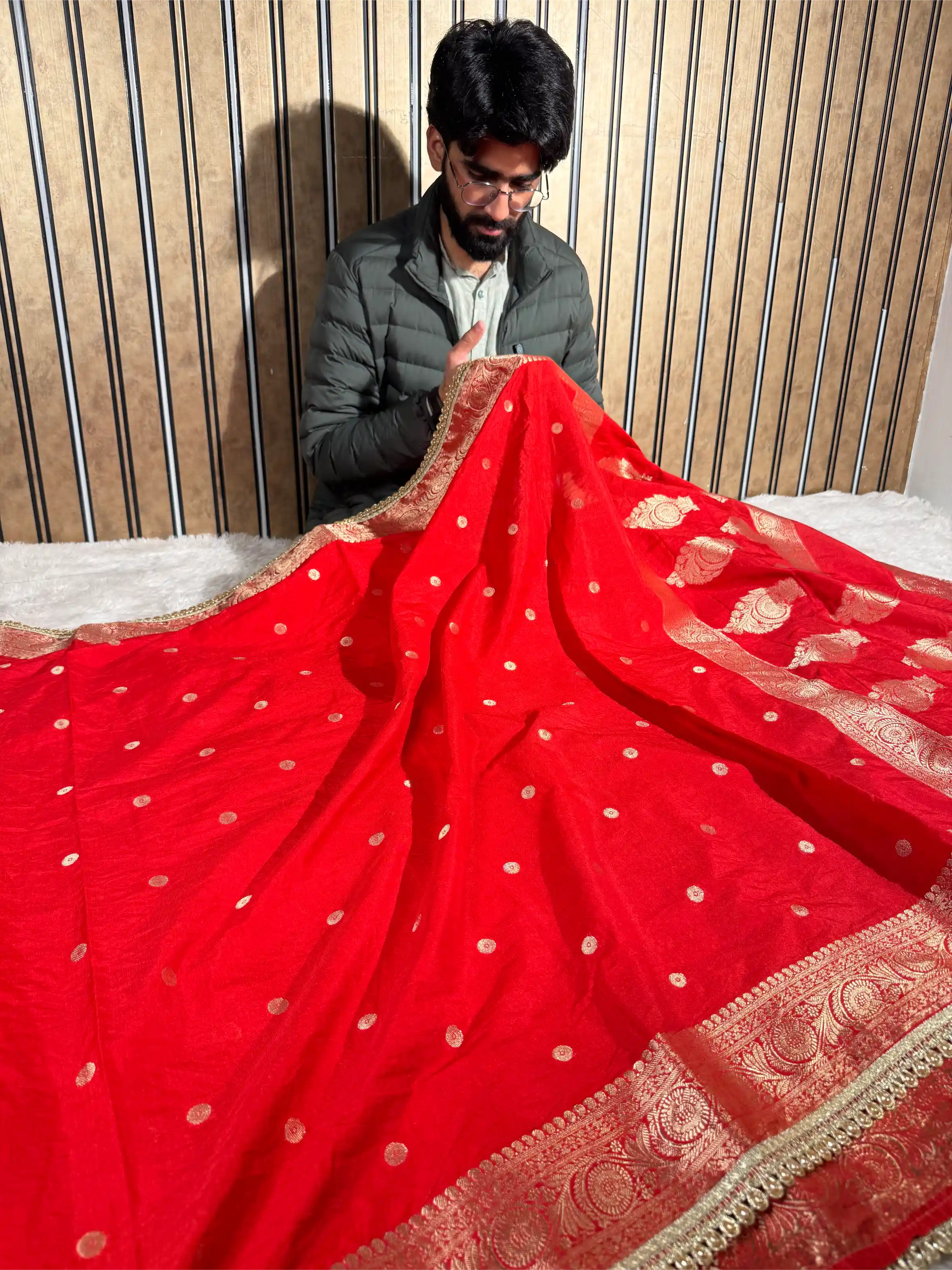 Bright Red Chinia Silk Premium Lace Attached Banarasi Saree