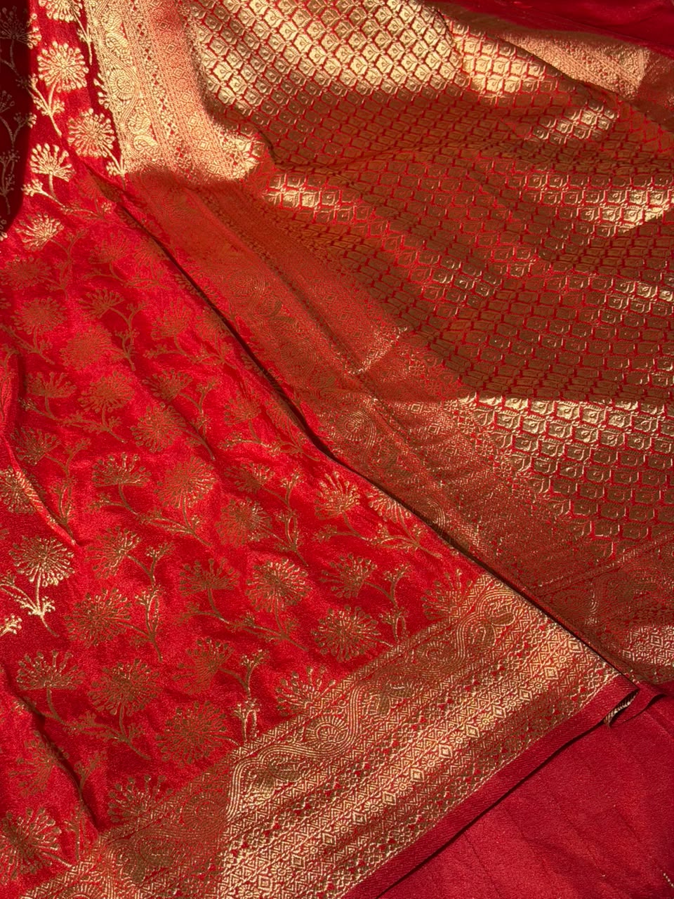 Bright Red Embossed Khaddi Georgette Banarasi Saree