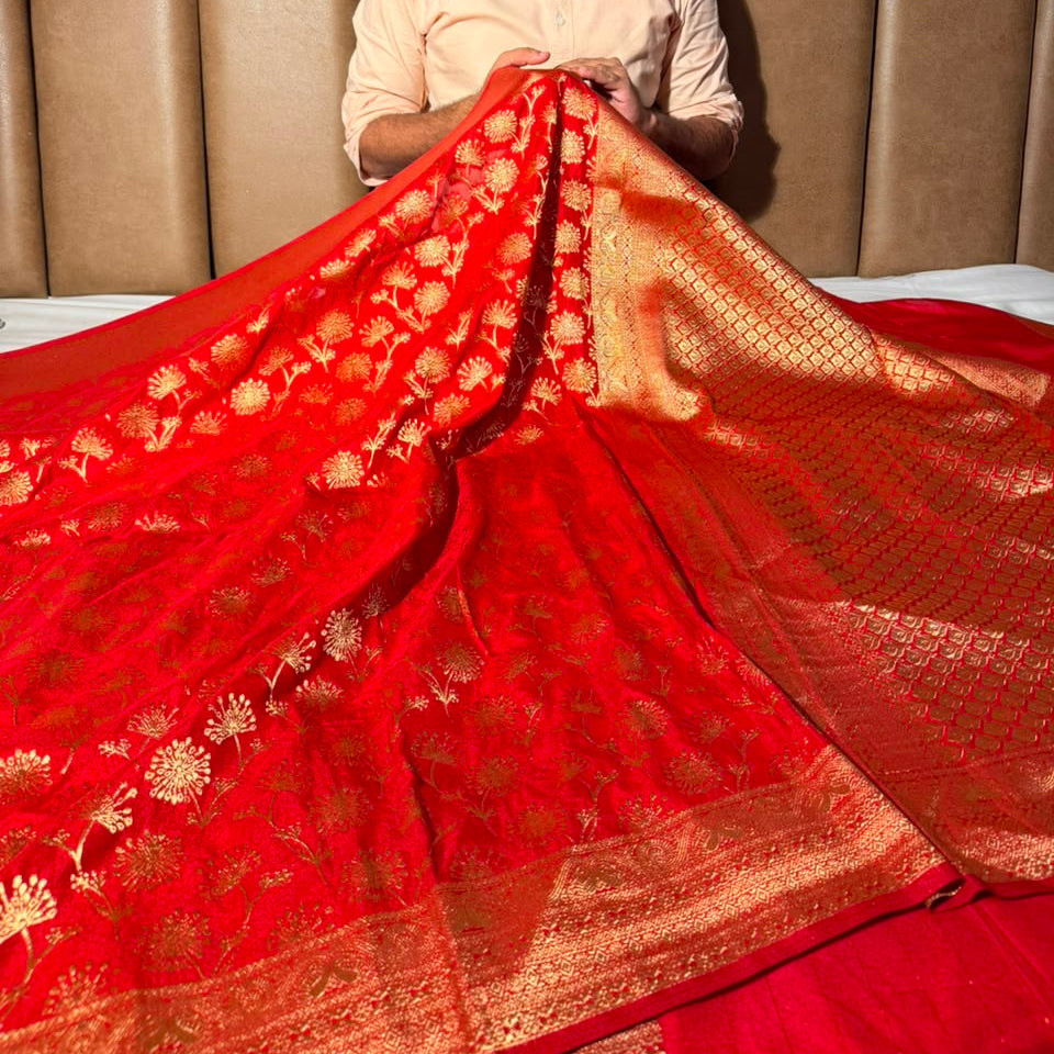 Bright Red Embossed Khaddi Georgette Banarasi Saree