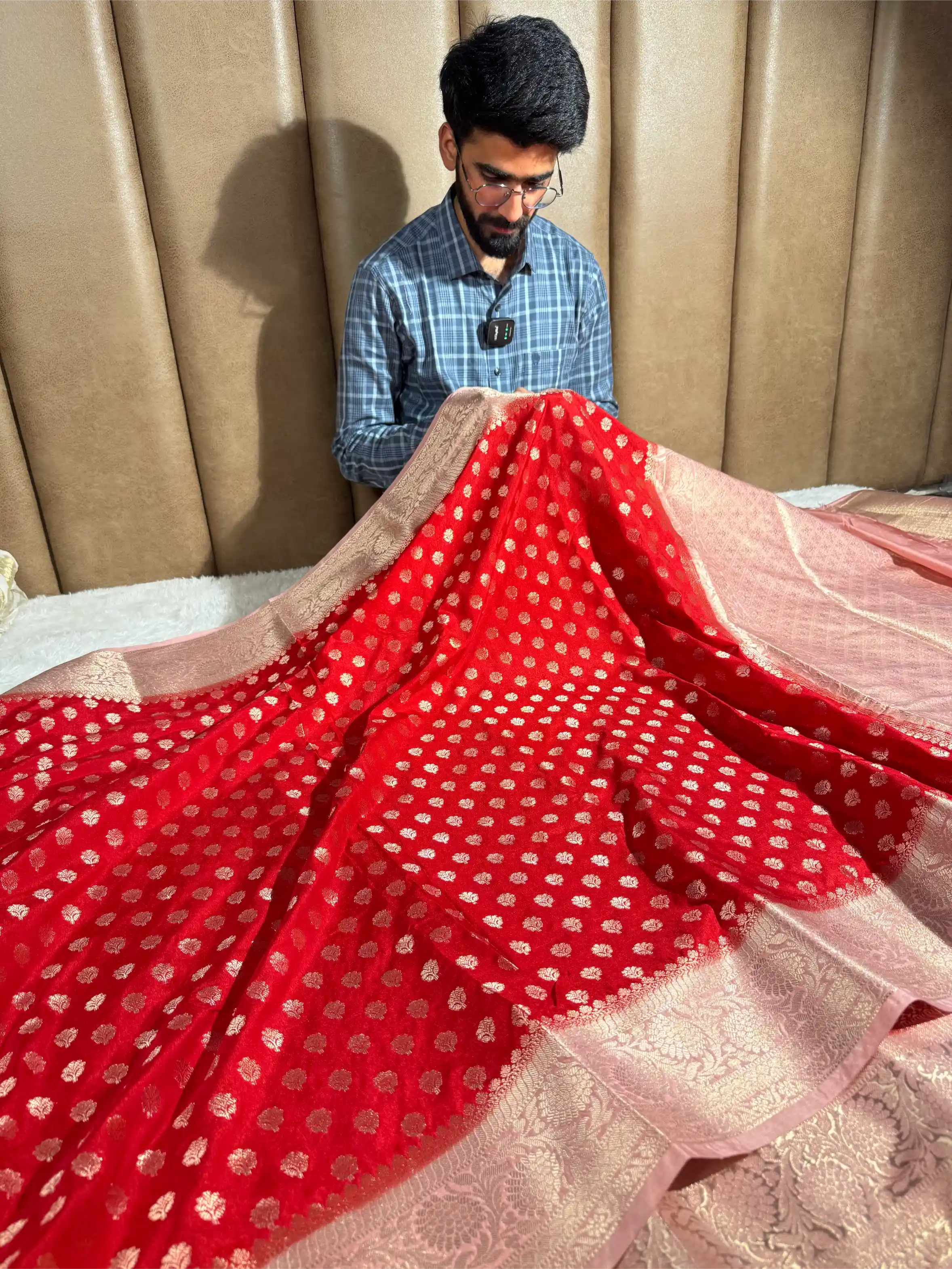 Bright Red Khaddi Buti Chinia Silk Banarasi Saree
