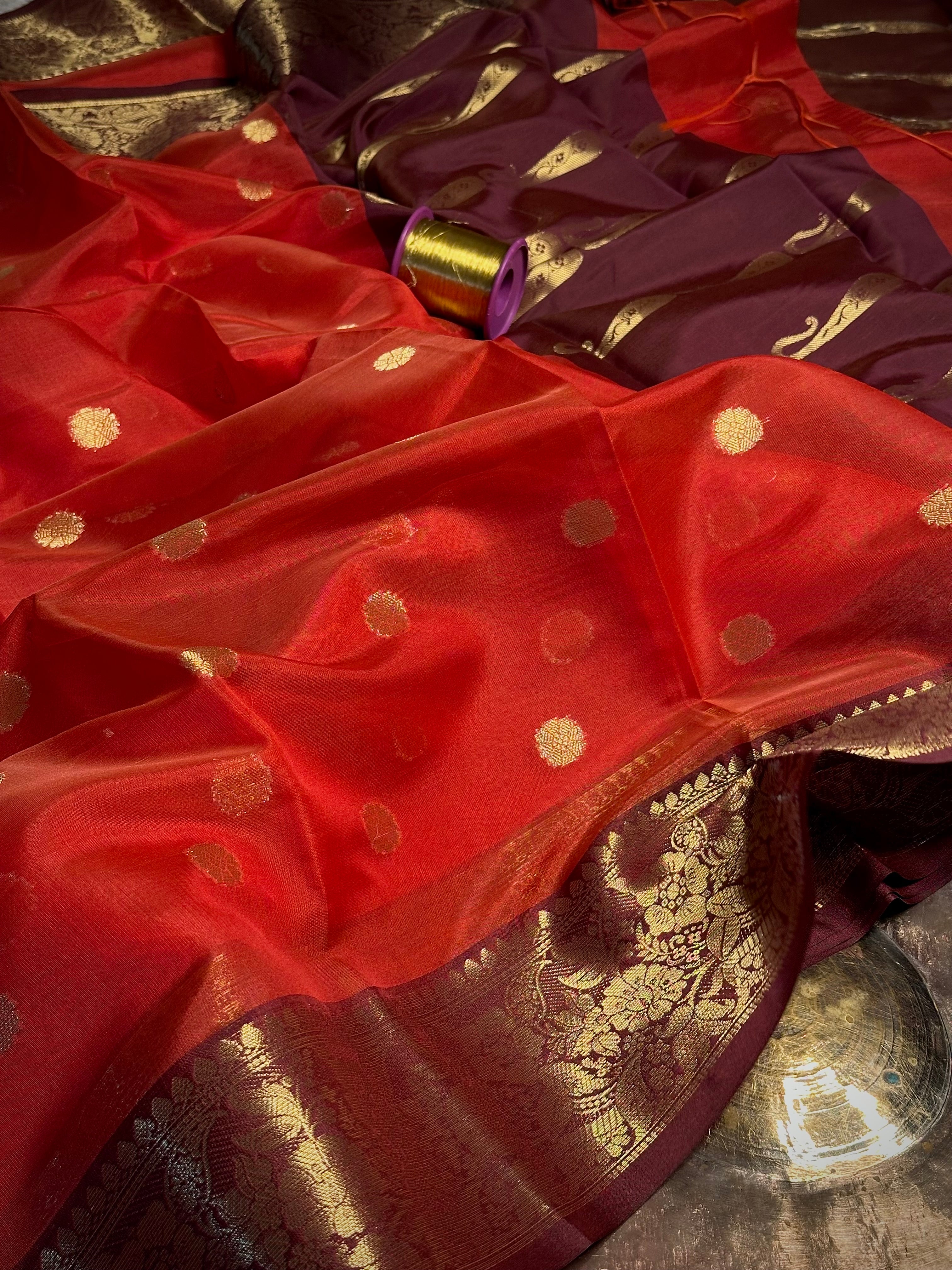 Bright Red Kora Organza Banarasi Saree