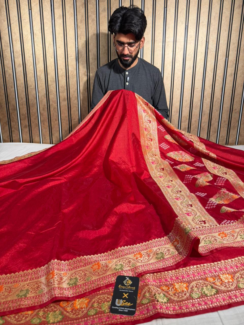 Bright Red Shade Soft Georgette Banarasi Saree with Tilfi Meenakari Weave