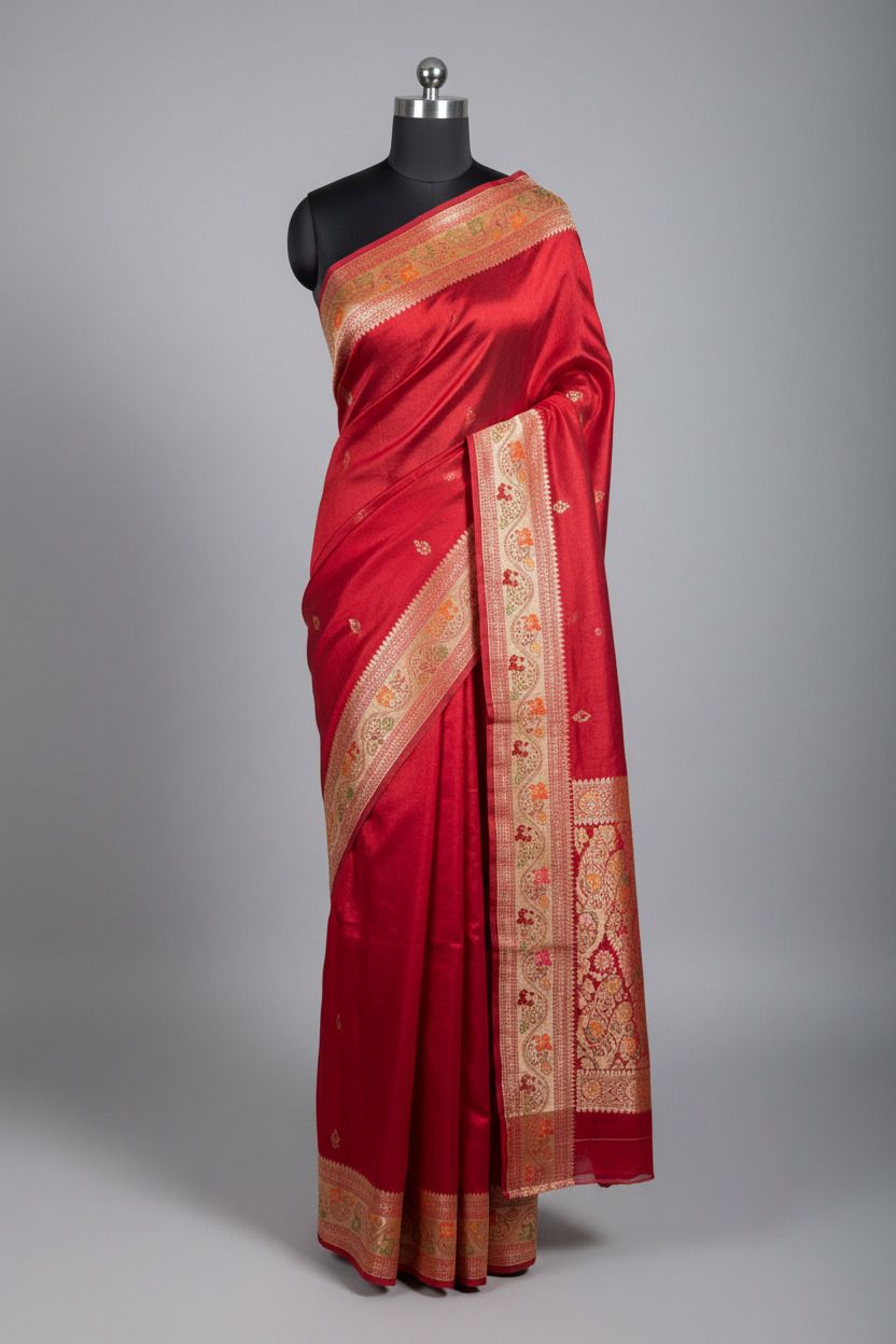 Bright Red Shade Soft Georgette Banarasi Saree with Tilfi Meenakari Weave