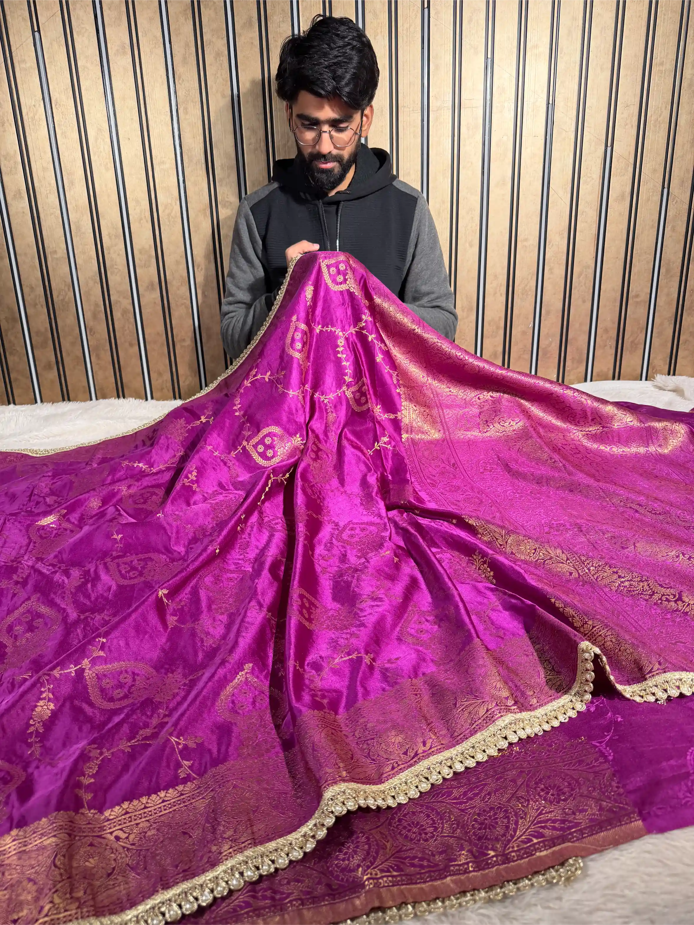 Bright Violet Banana Silk Designer Moti Lace Attached Banarasi Saree