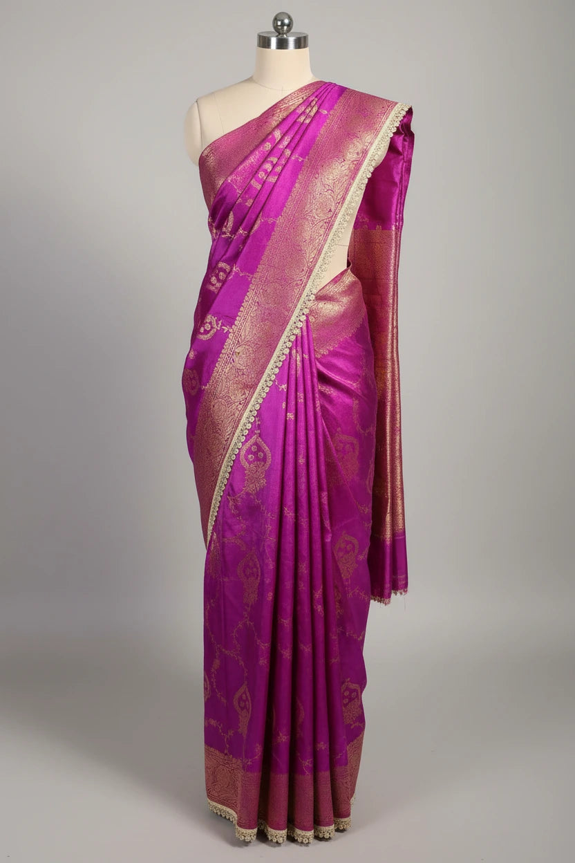 Bright Violet Chinia Silk Designer Moti Lace Attached Banarasi Saree