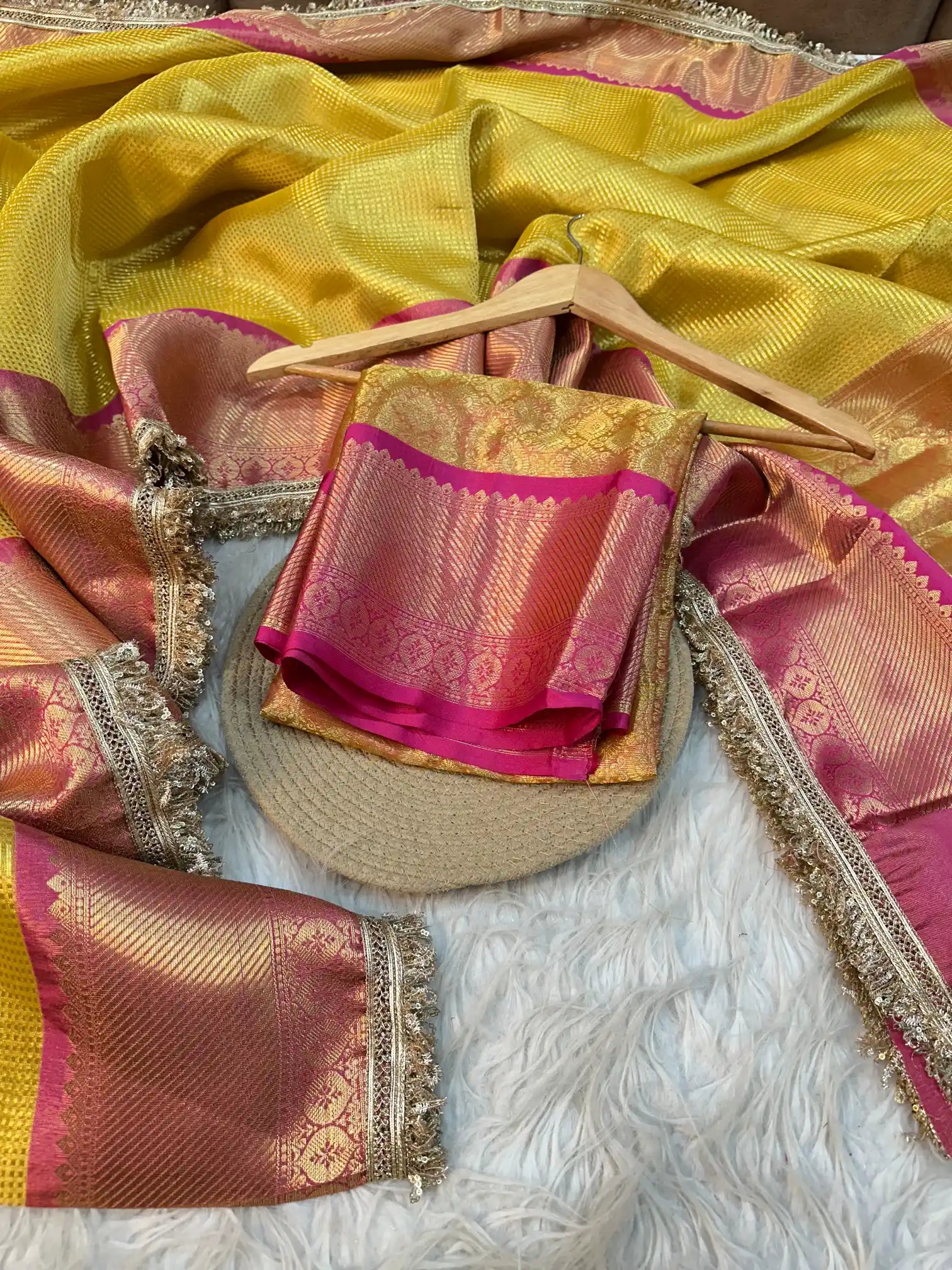 Bright Yellow Brocade Tissue Silk Jacquard Lace Work Banarasi Saree