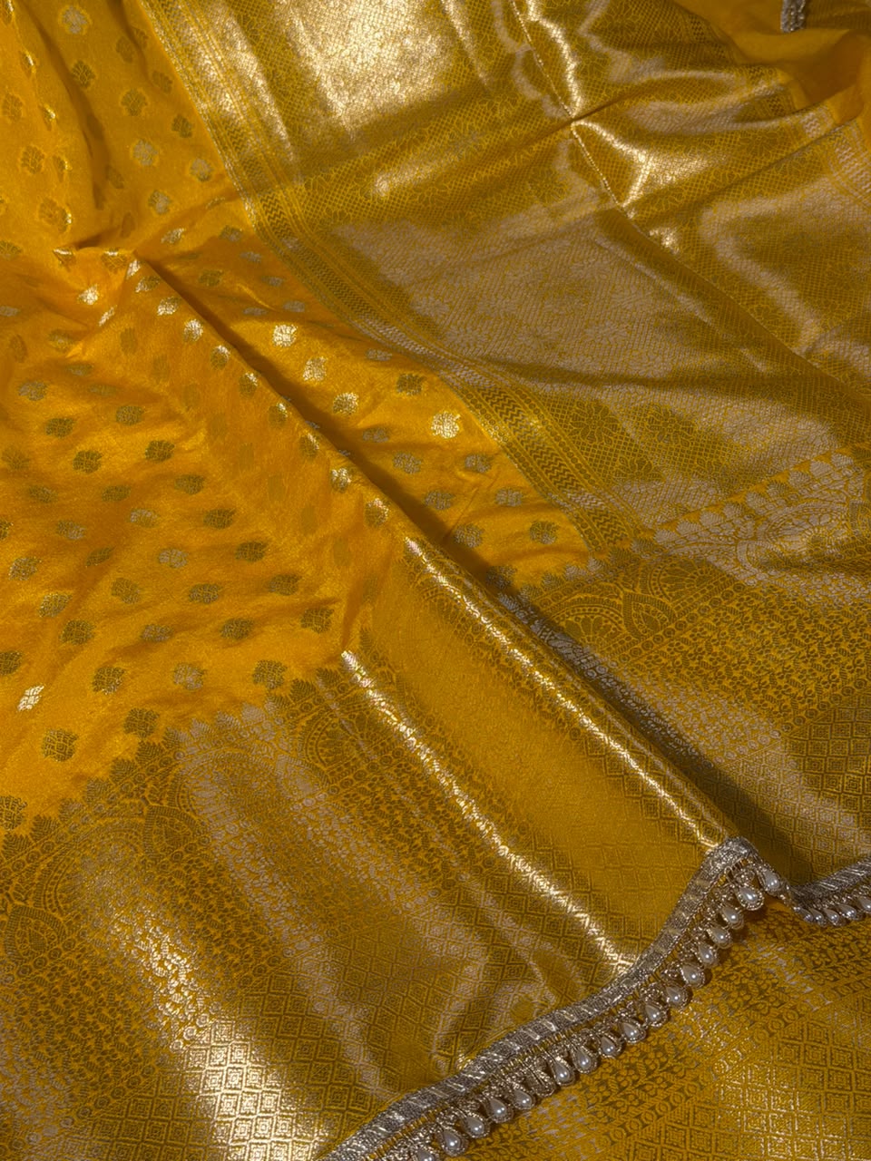 Bright Yellow Chinia Silk Lace Work Saree